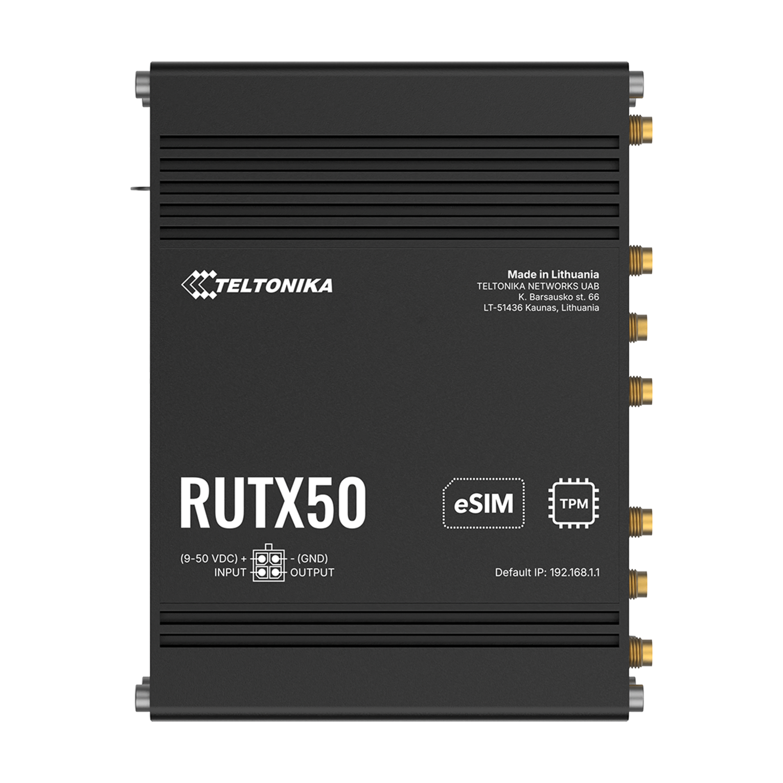 Czarny router Teltonika RUTX50 z portami, eSIM, TPM i adresem IP.