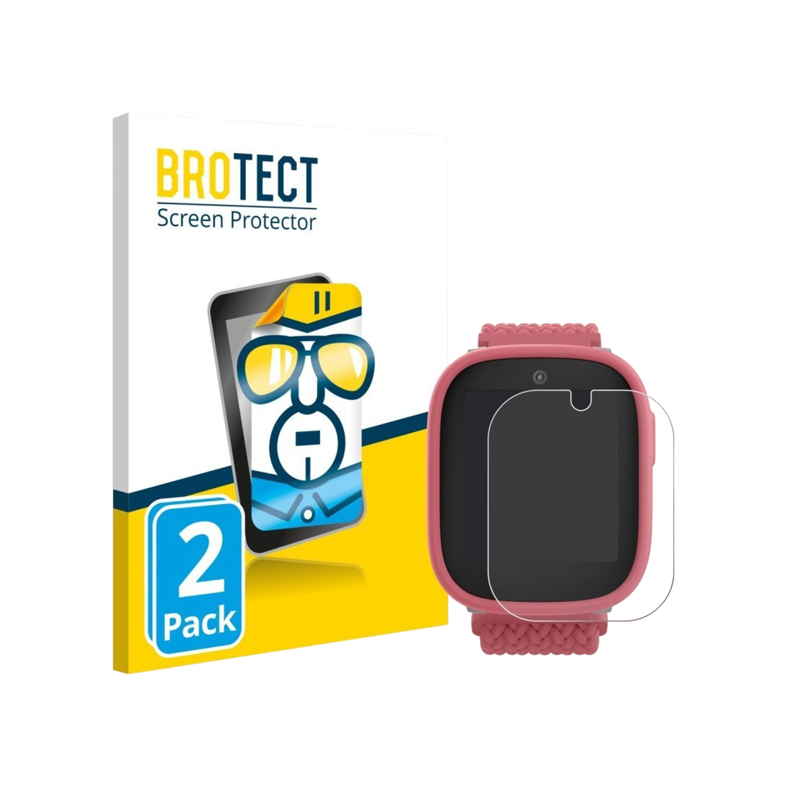 Verpackung mit Bild einer Schutzbrille und einer rosafarbenen Smartwatch mit Displayschutzfolie.