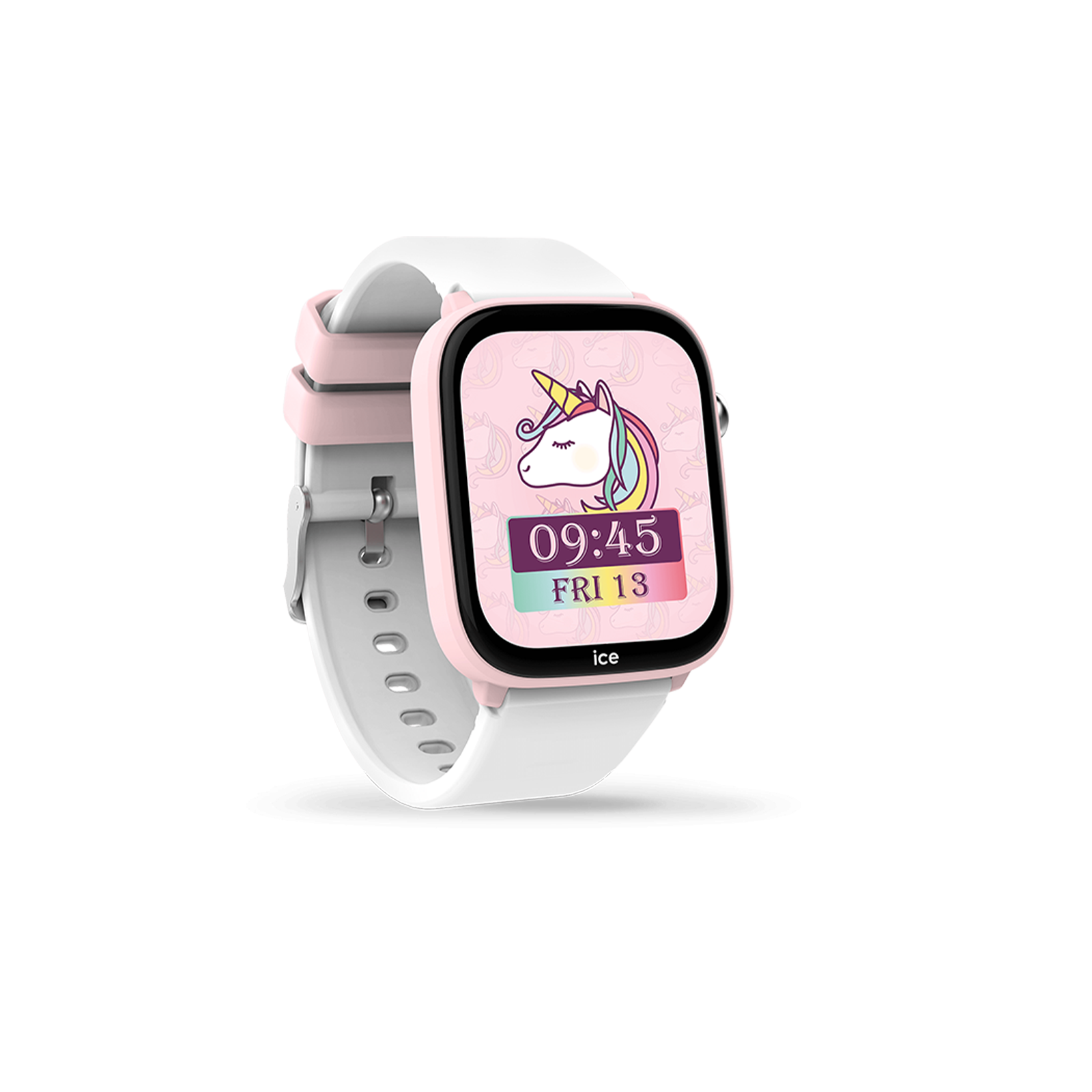 Eine rosa Smartwatch mit weißem Band und Einhorndisplay zeigt 09:45 FR 13 an.