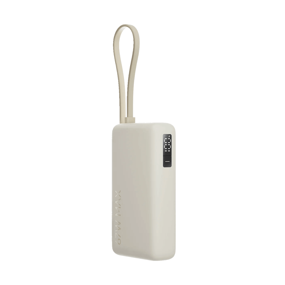 Een beige powerbank met band en digitaal display. 67W MAX.