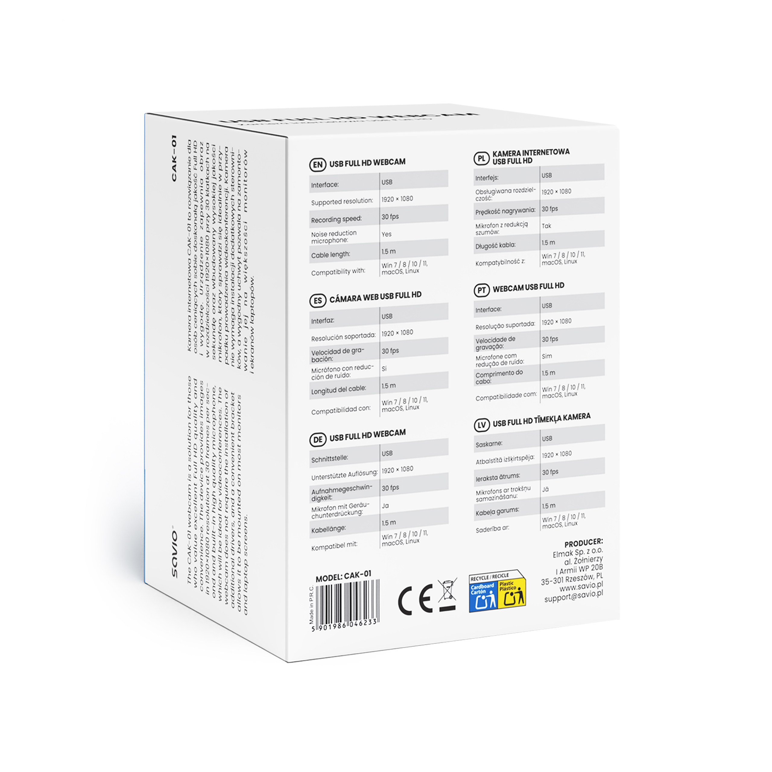 Kamera Savio CAK-01: Rozdz. 1920x1080, 30fps, mikrofon, kabel 1.5m. Kompatybilna z Win/Mac/Linux.