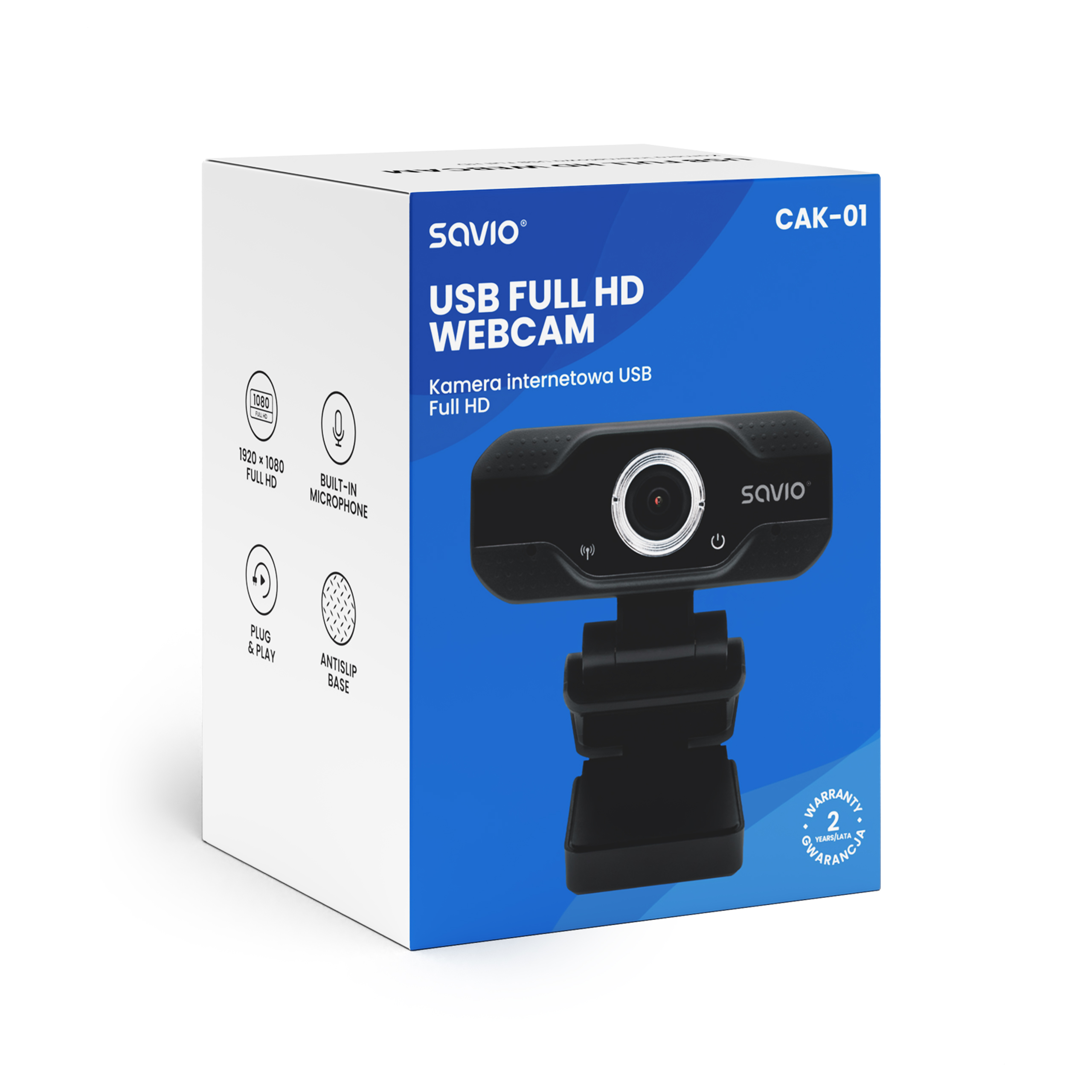 Pudełko czarnej kamerki internetowej Savio Full HD z mikrofonem, rozdzielczość 1920x1080.