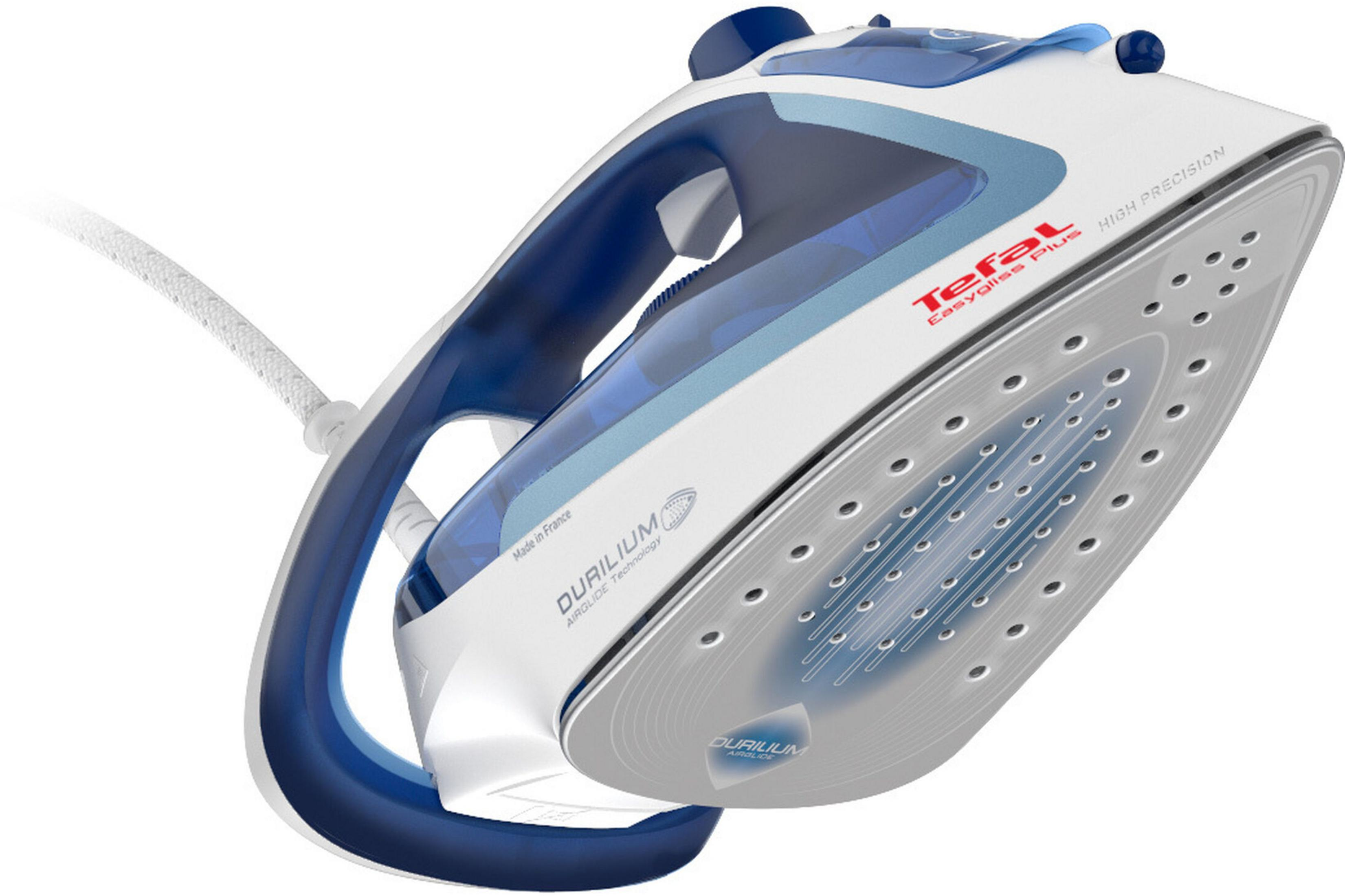 Plancha Tefal blanca y azul con suela Durilium y depósito de agua visible.