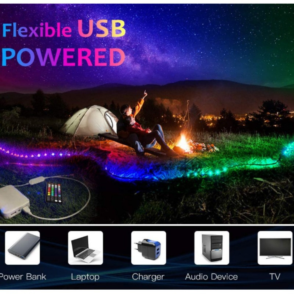 Ludzie obozują pod gwiazdami, oświetleni kolorowymi światłami USB.