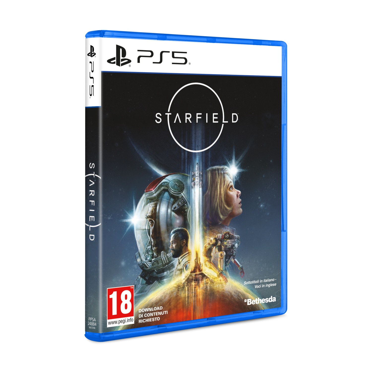 Pudełko gry Starfield PS5 ze sceną kosmiczną, astronautami i statkiem.
