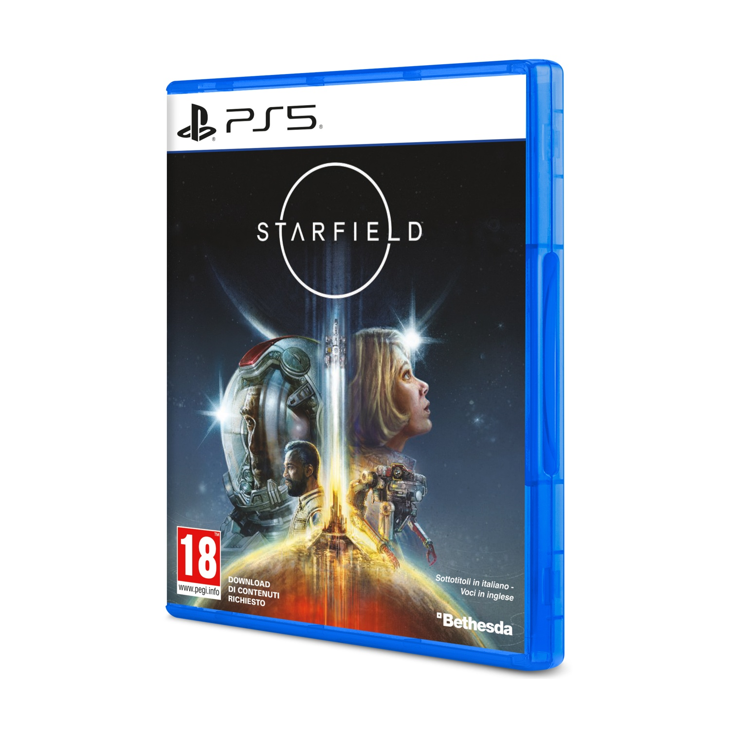 Pudełko gry PS5 Starfield z astronautami i statkiem kosmicznym.