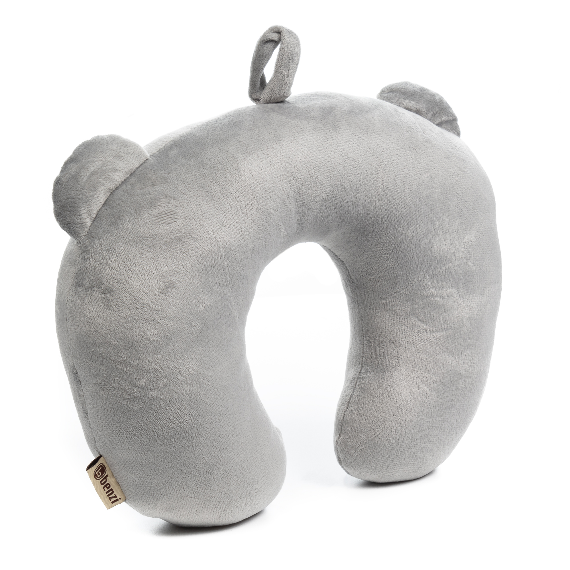 Un cuscino da collo grigio con orecchie d'orso e un anello.