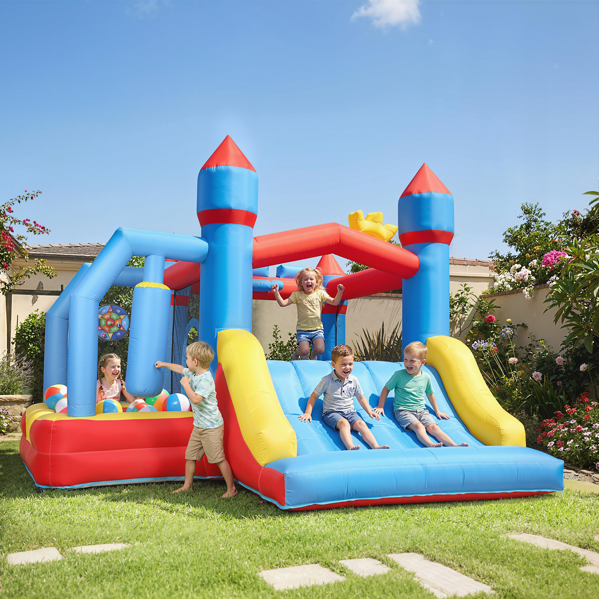 Niños juegan en un castillo inflable colorido con tobogán y pelotas en un día soleado.