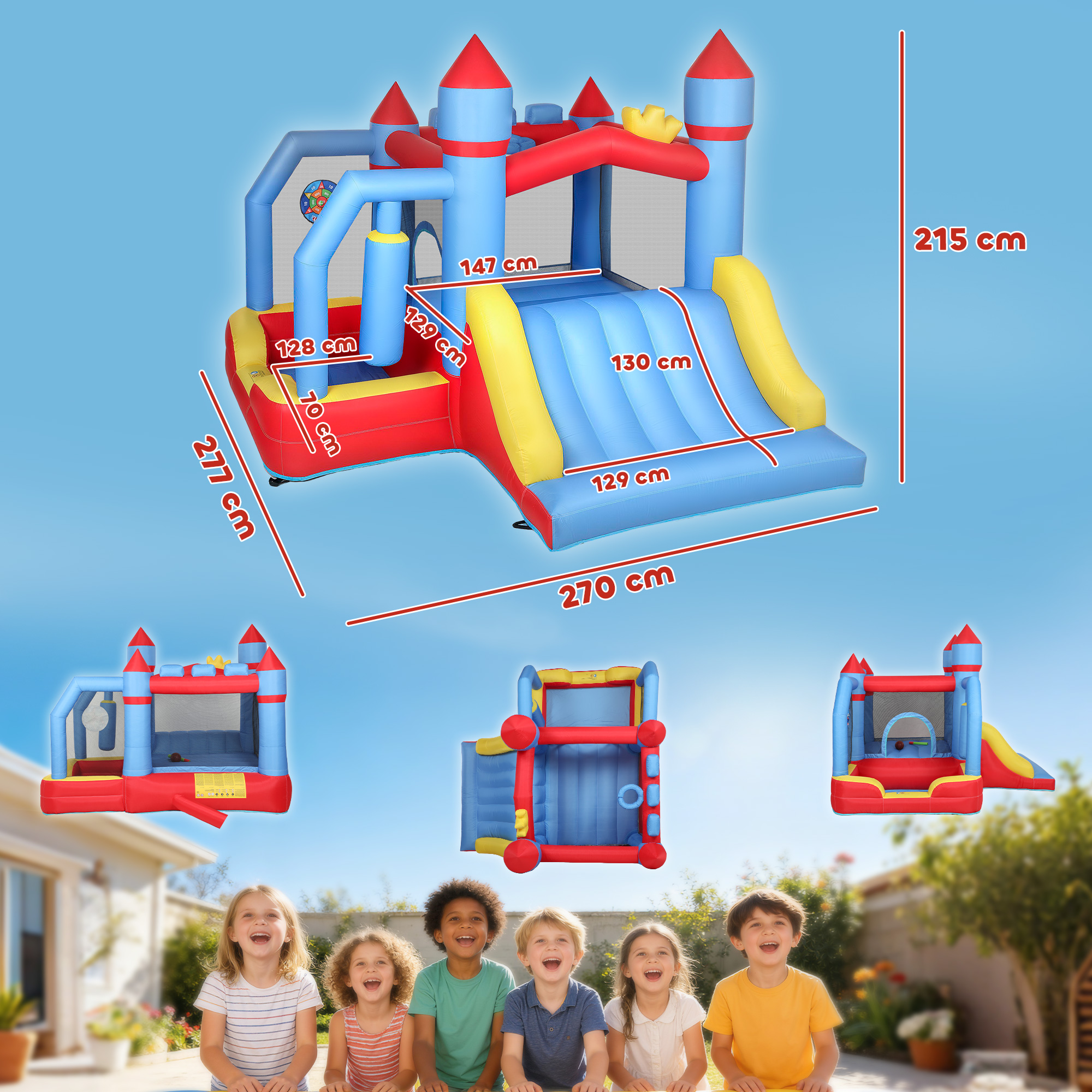 Castillo inflable con tobogán y medidas en rojo, azul y amarillo sobre cielo azul.
