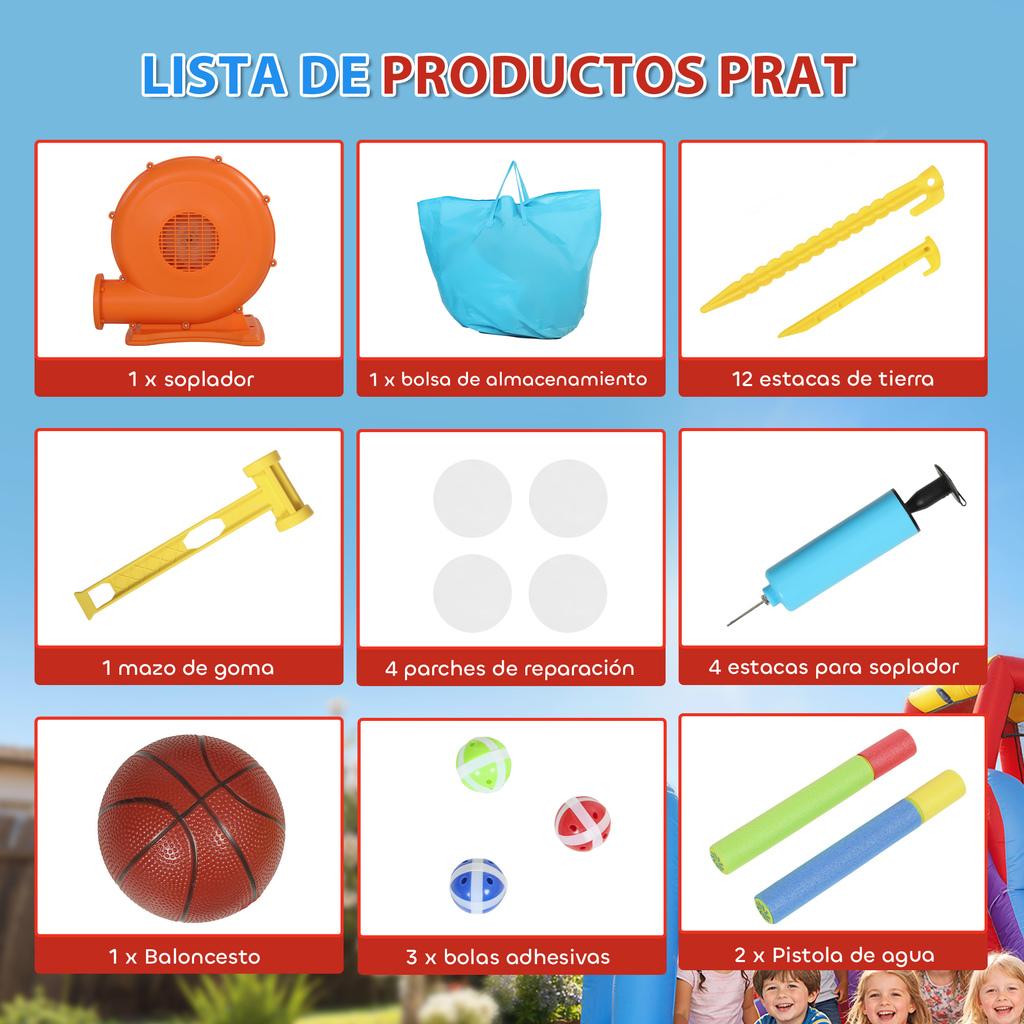 Lista de productos con soplador, bolsa, estacas, mazo, parches, baloncesto, bolas y pistolas de agua.