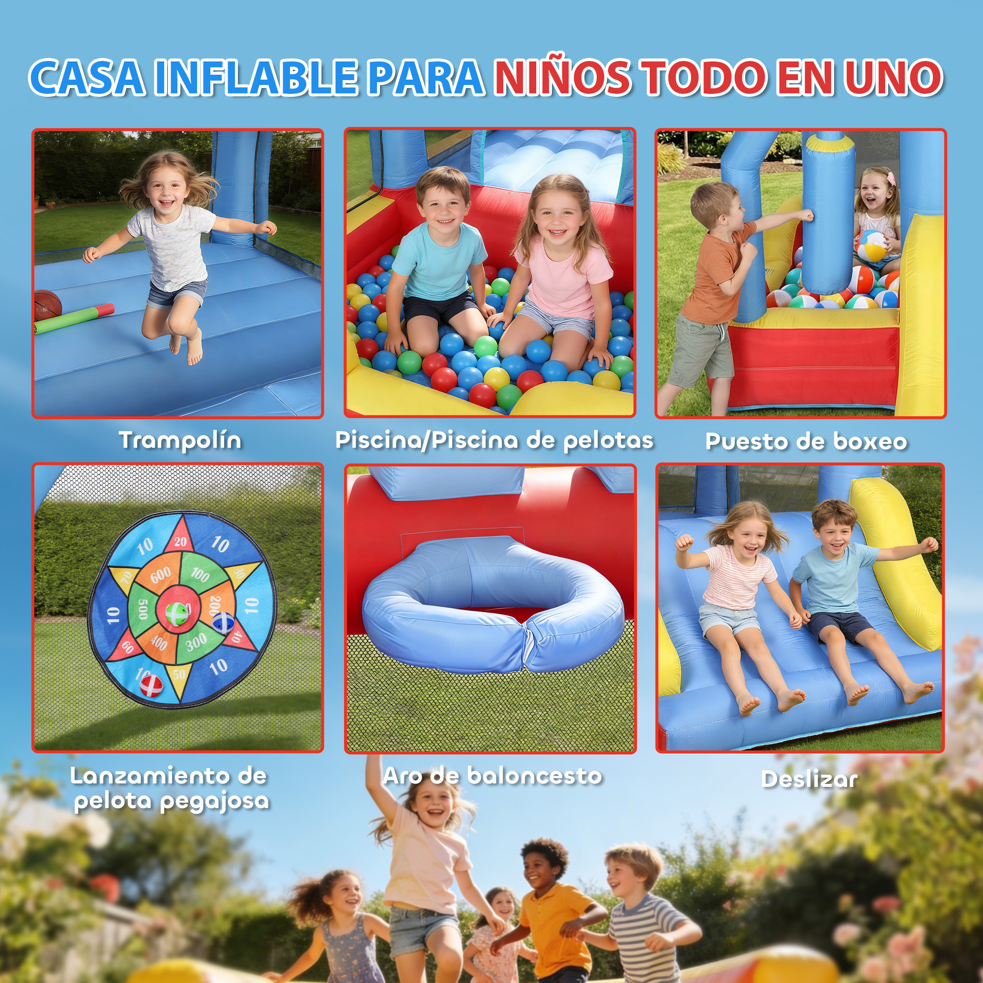 Castillo inflable colorido para niños con trampolín, piscina de bolas, boxeo, lanzamiento de dardos, aro y tobogán.
