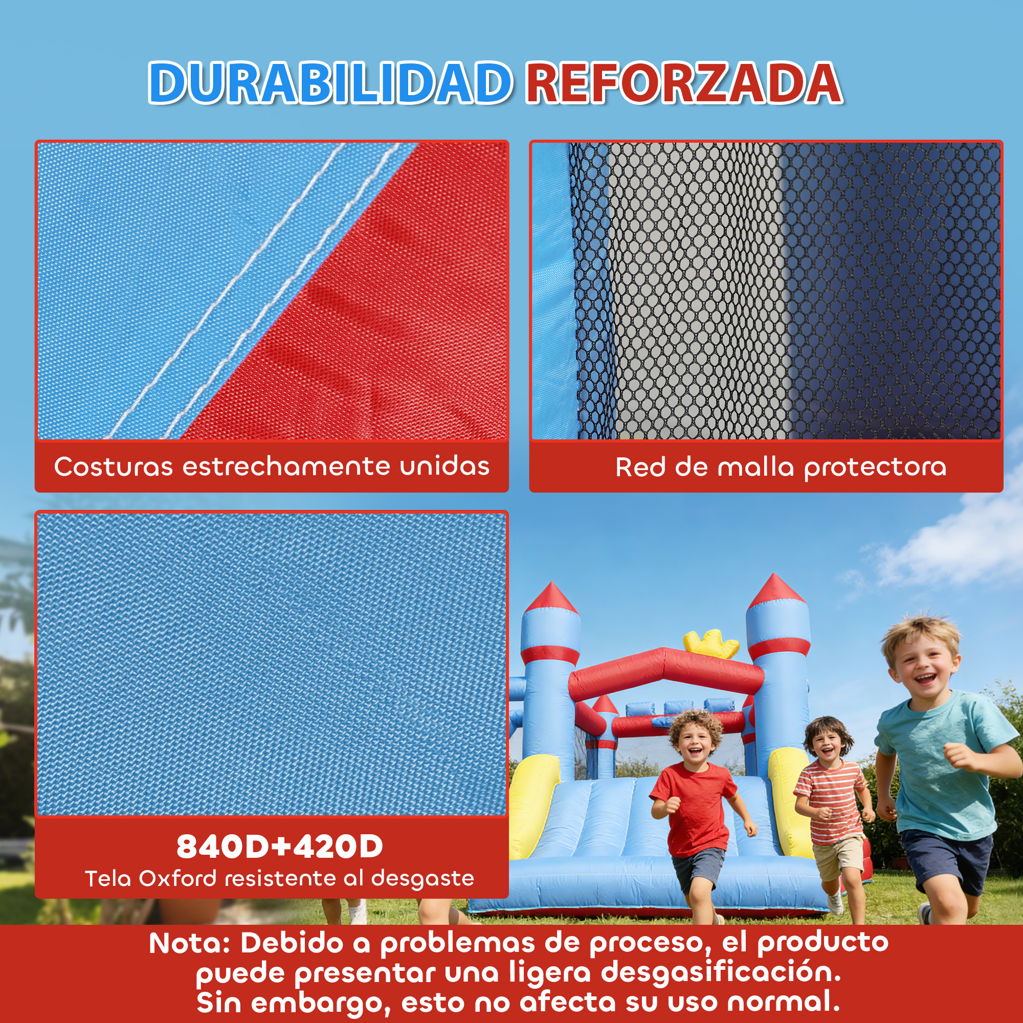Niños corren hacia un castillo inflable, con primeros planos de costuras y red.