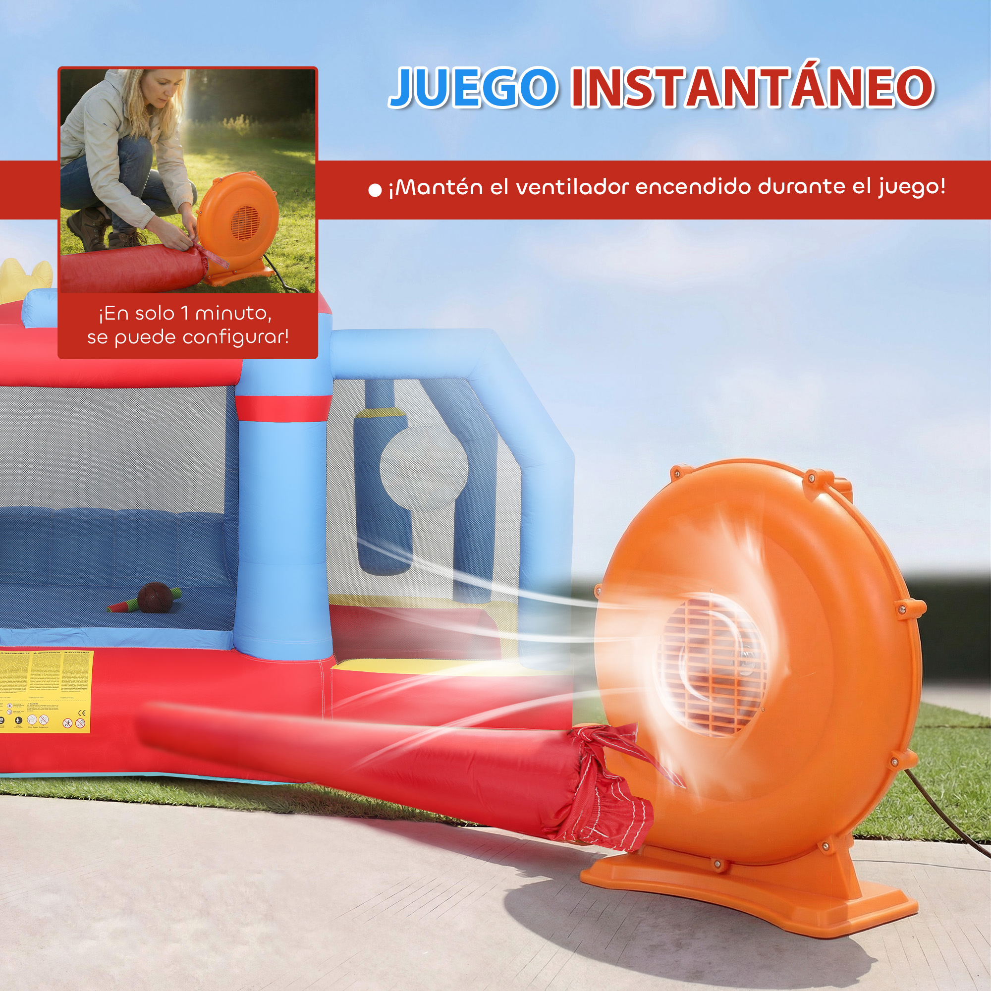 Un ventilador naranja infla un castillo hinchable rojo y azul, con una mujer preparándolo en una imagen más pequeña.