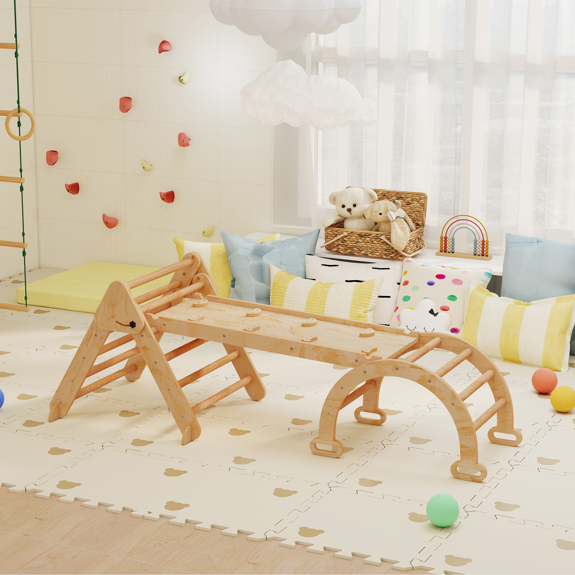 Sala de juegos con trepador de madera, ositos, cojines y pelotas.