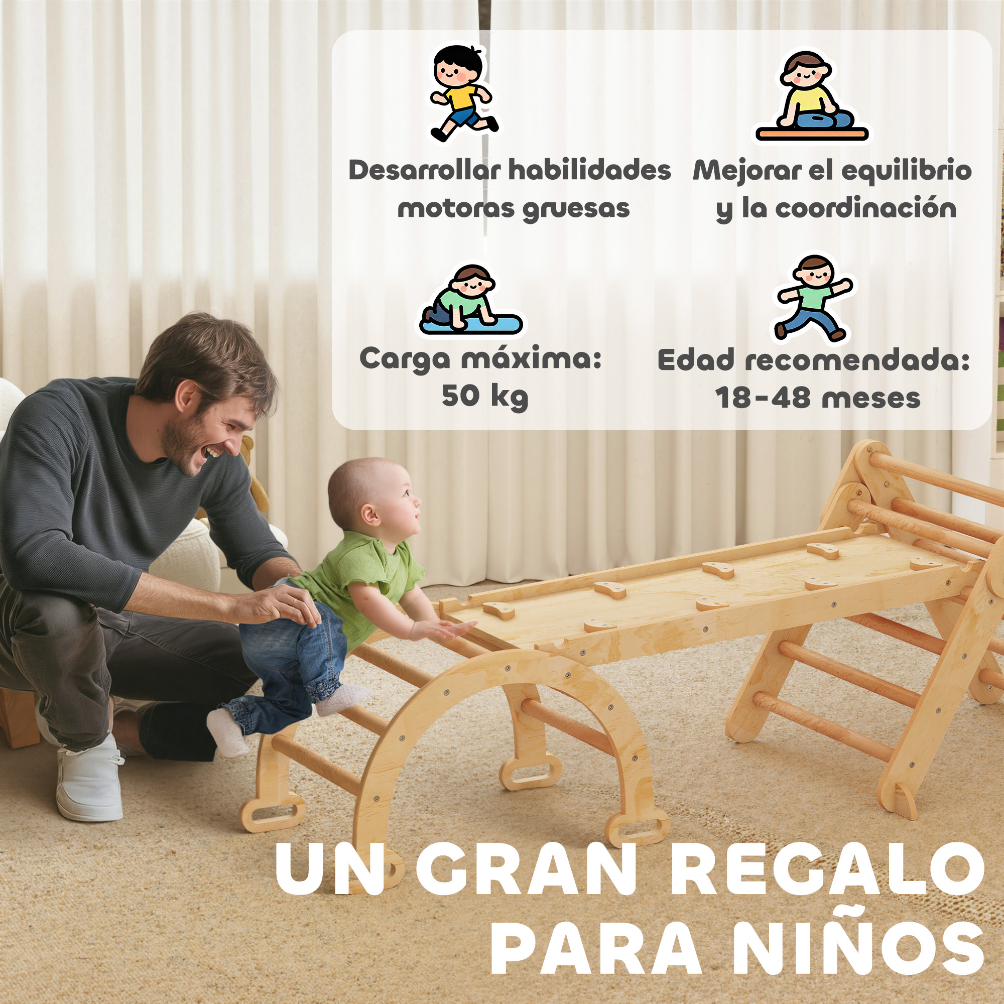 Padre y bebé juegan en un juguete de escalada de madera. Promueve habilidades motoras.