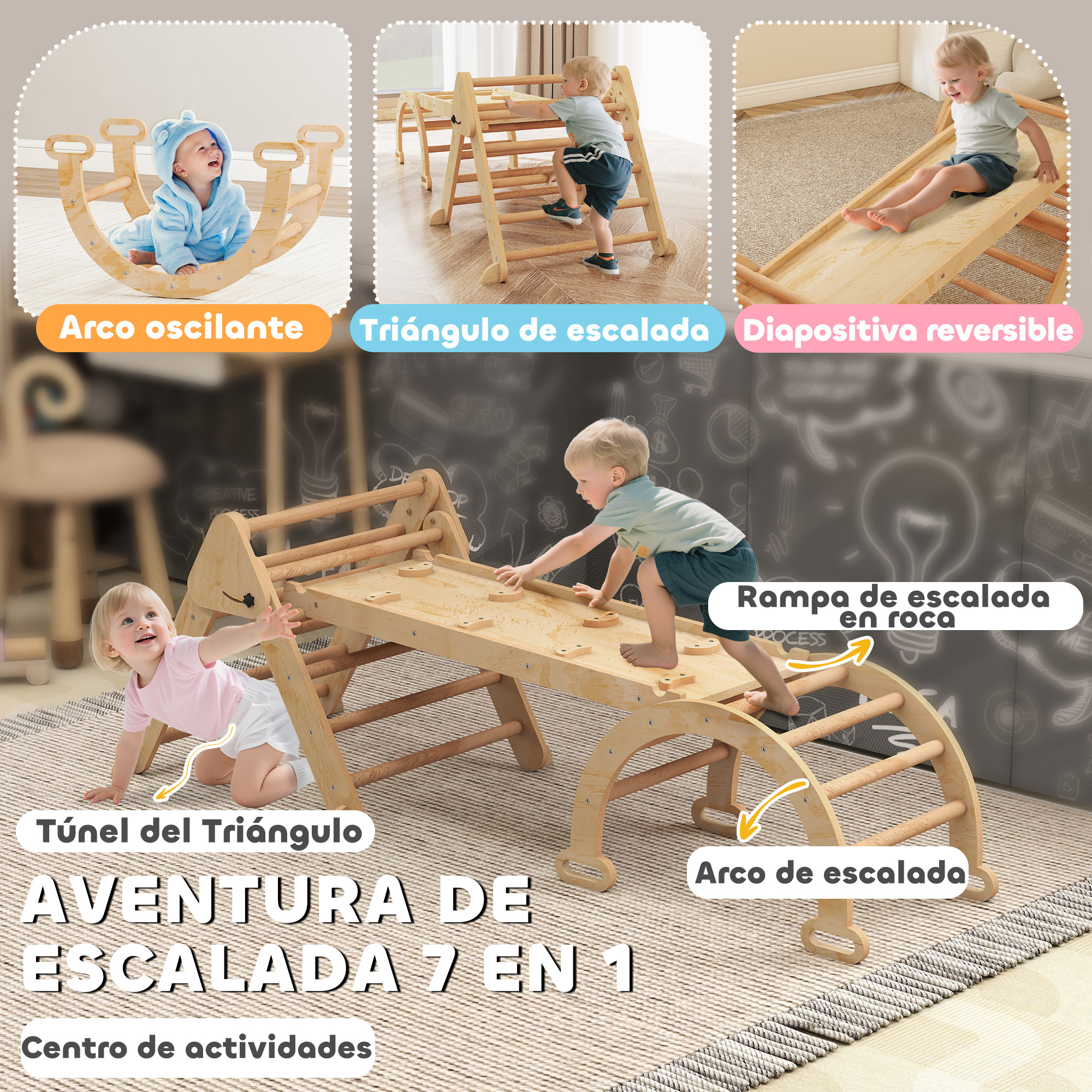 Estructura de juego de madera: Niños pequeños trepan y se deslizan en un triángulo.