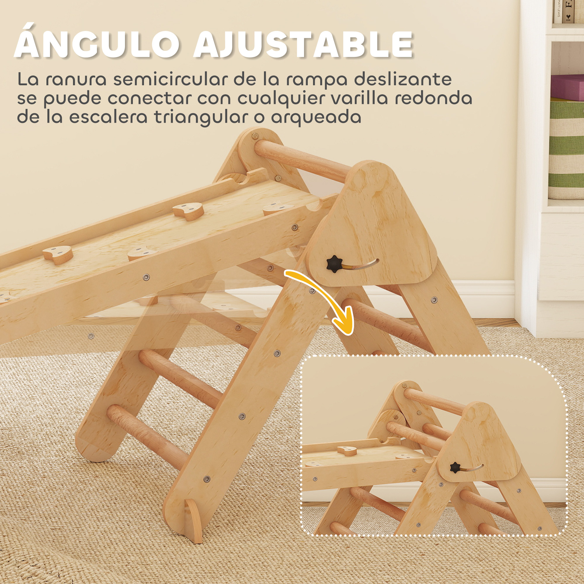 Una estructura de juego de madera ajustable con tobogán y peldaños en alfombra.