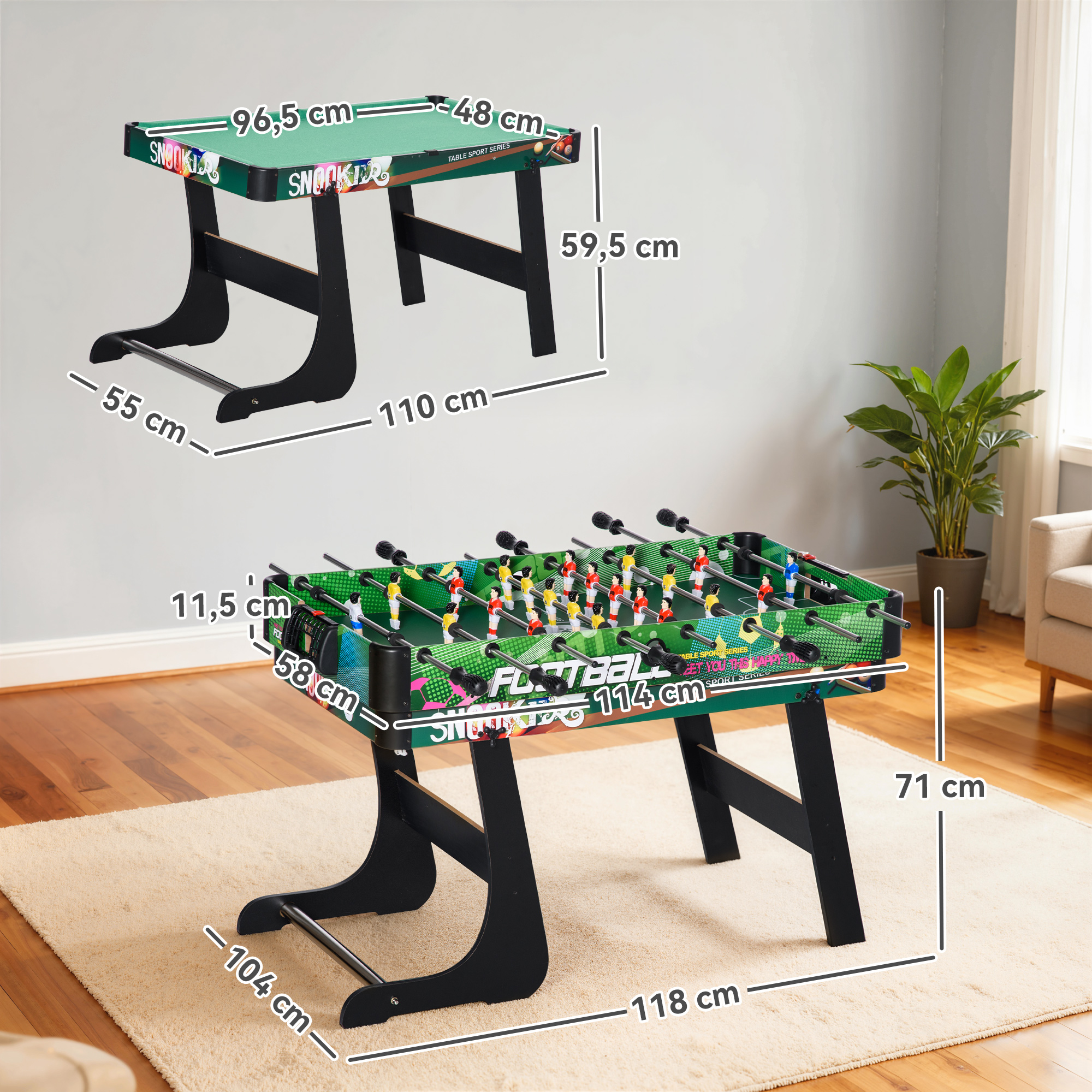 Dos mesas de juego, una de billar y una de futbolín, con dimensiones.