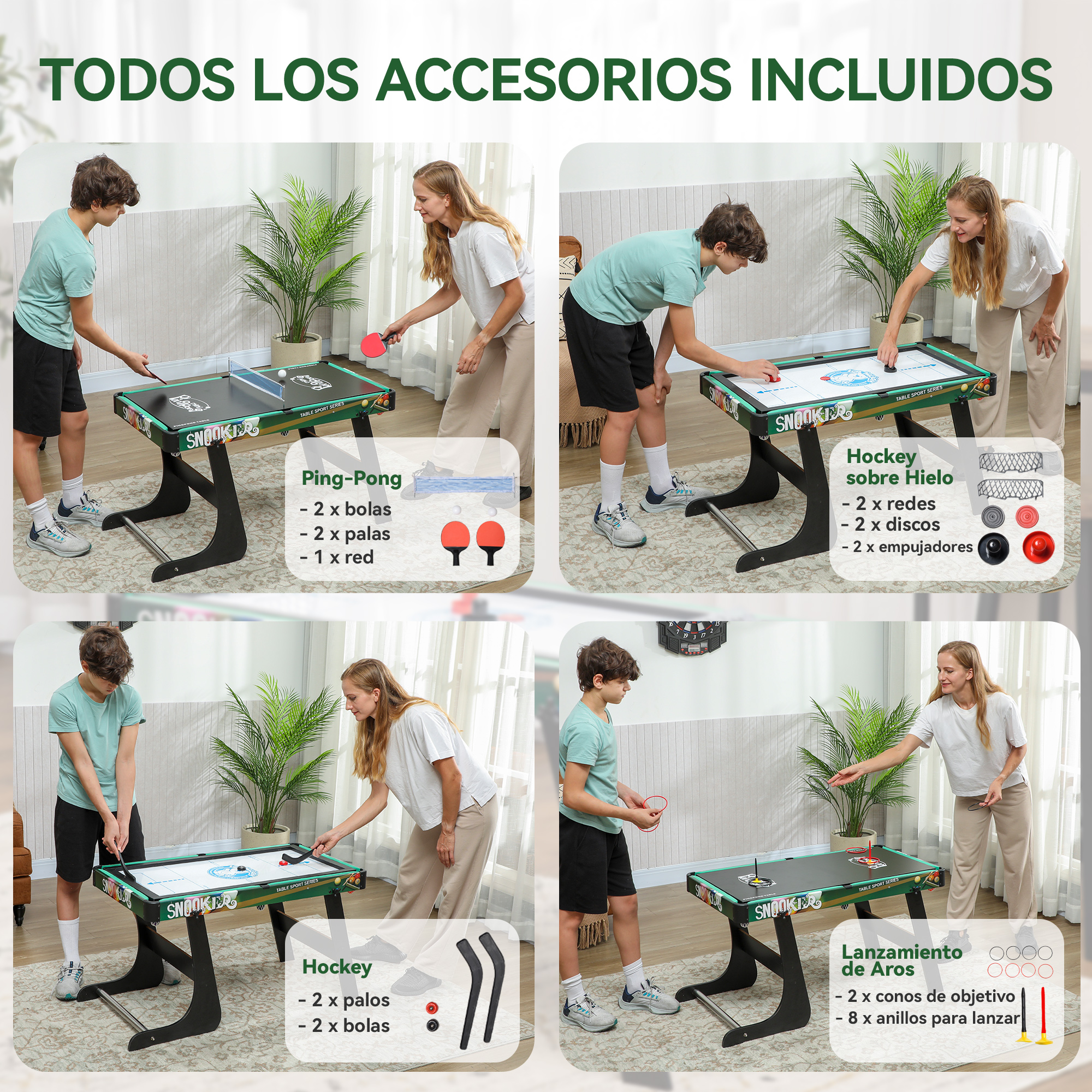 Cuatro juegos en una mesa: Ping-Pong, Hockey sobre Hielo, Hockey y Lanzamiento de Aros. Dos niños jugando.