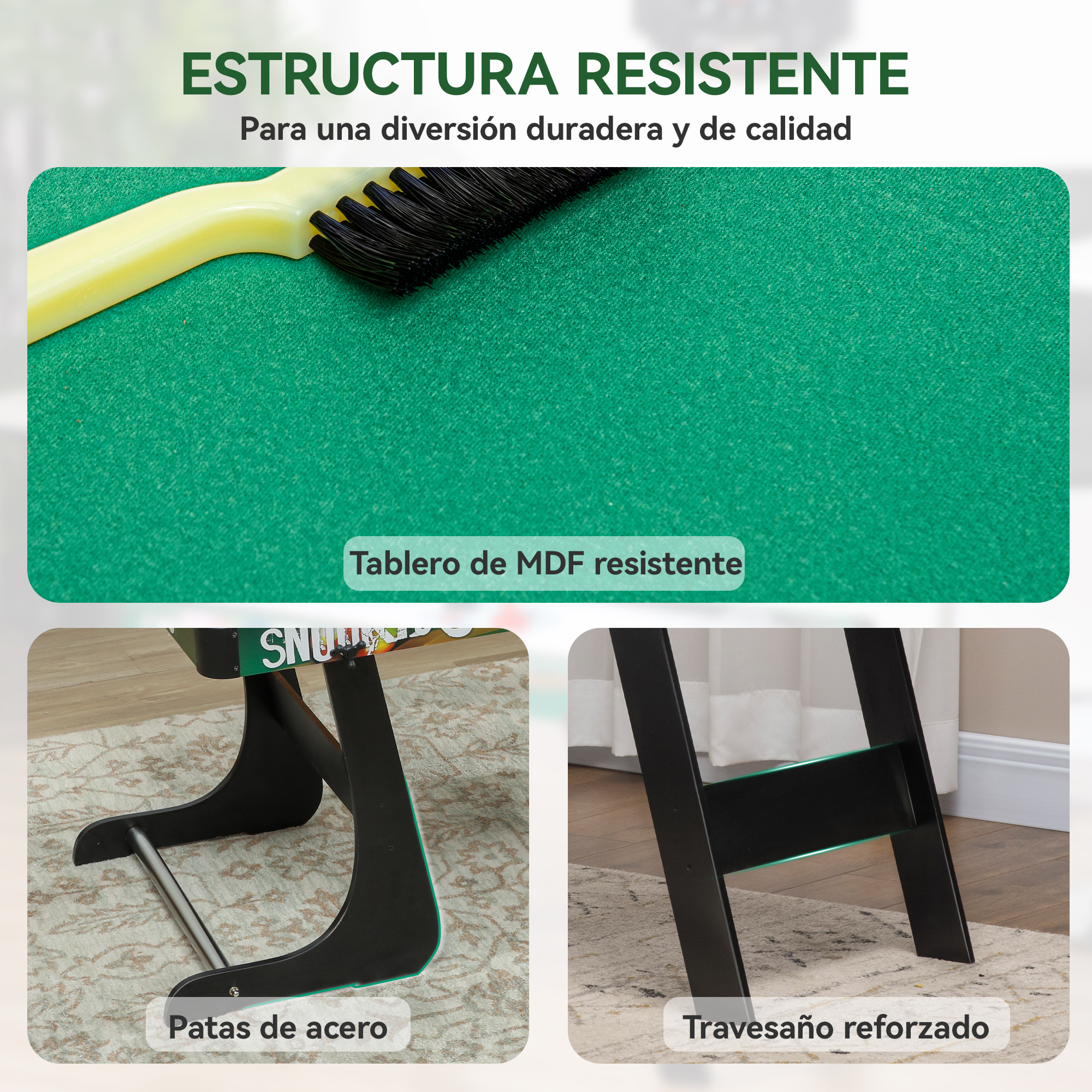 Mesa verde con cepillo, patas de acero y travesaño reforzado.