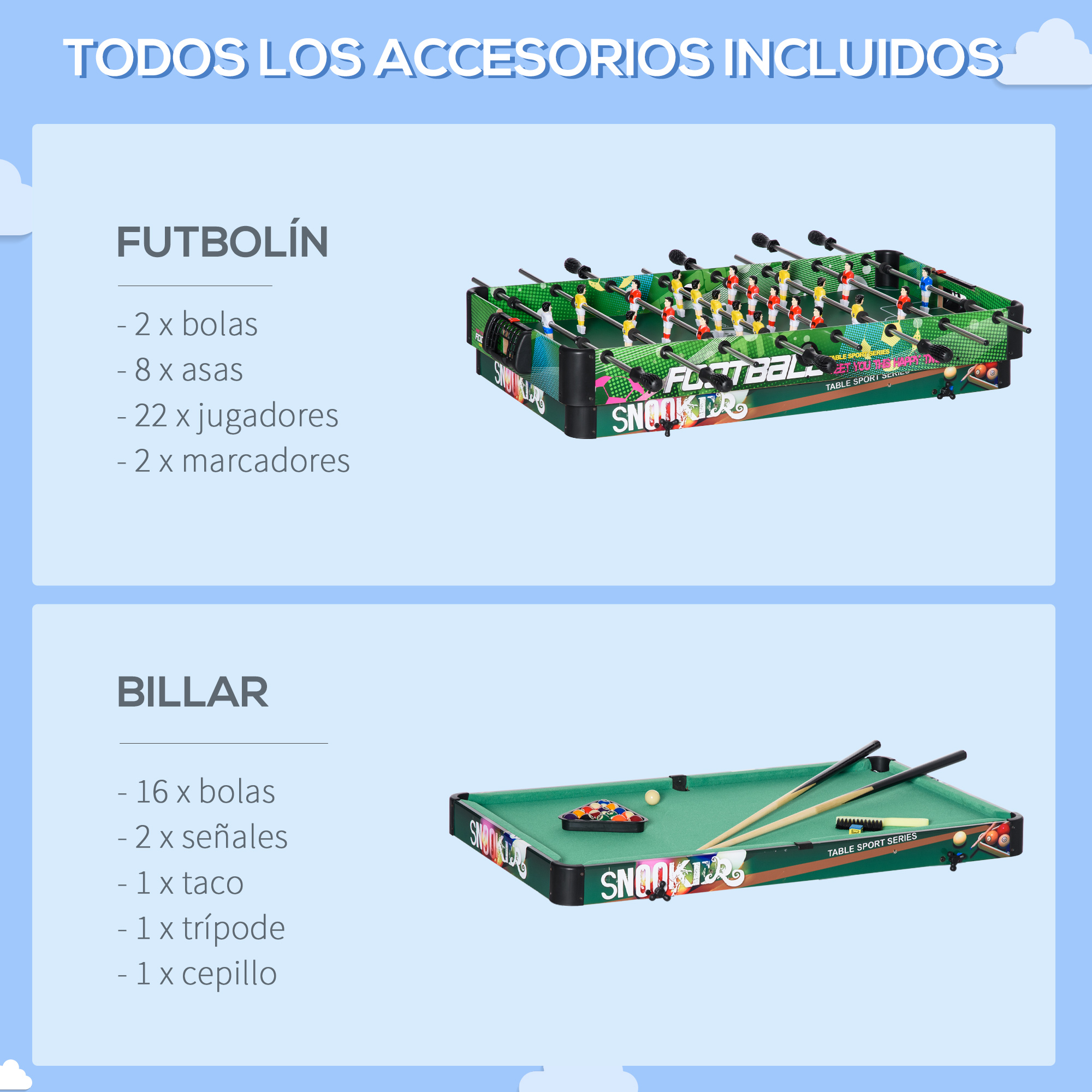 Juego de futbolín con jugadores y bolas, y mesa de billar con bolas y accesorios.