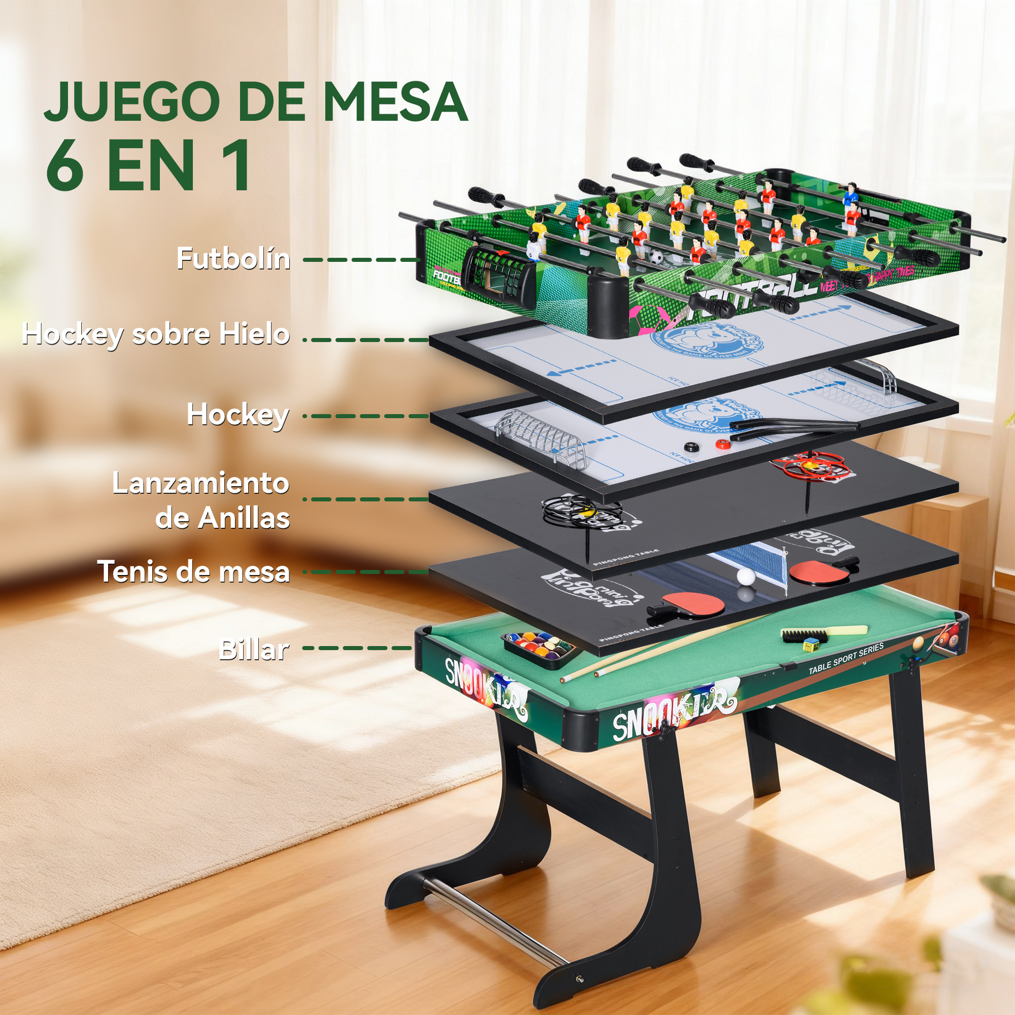Una mesa de juegos 6 en 1 con futbolín, hockey hielo/mesa, lanzamiento de anillos, ping pong y billar.