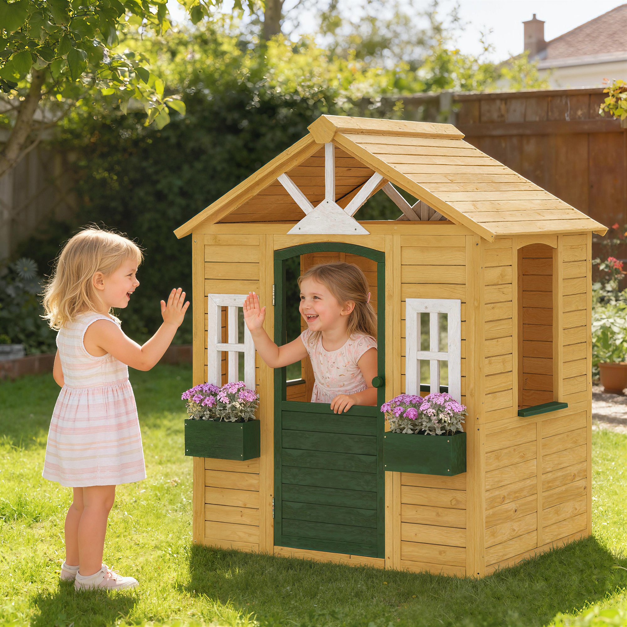 Dos niñas pequeñas se saludan frente a una casita de juegos de madera en el jardín.