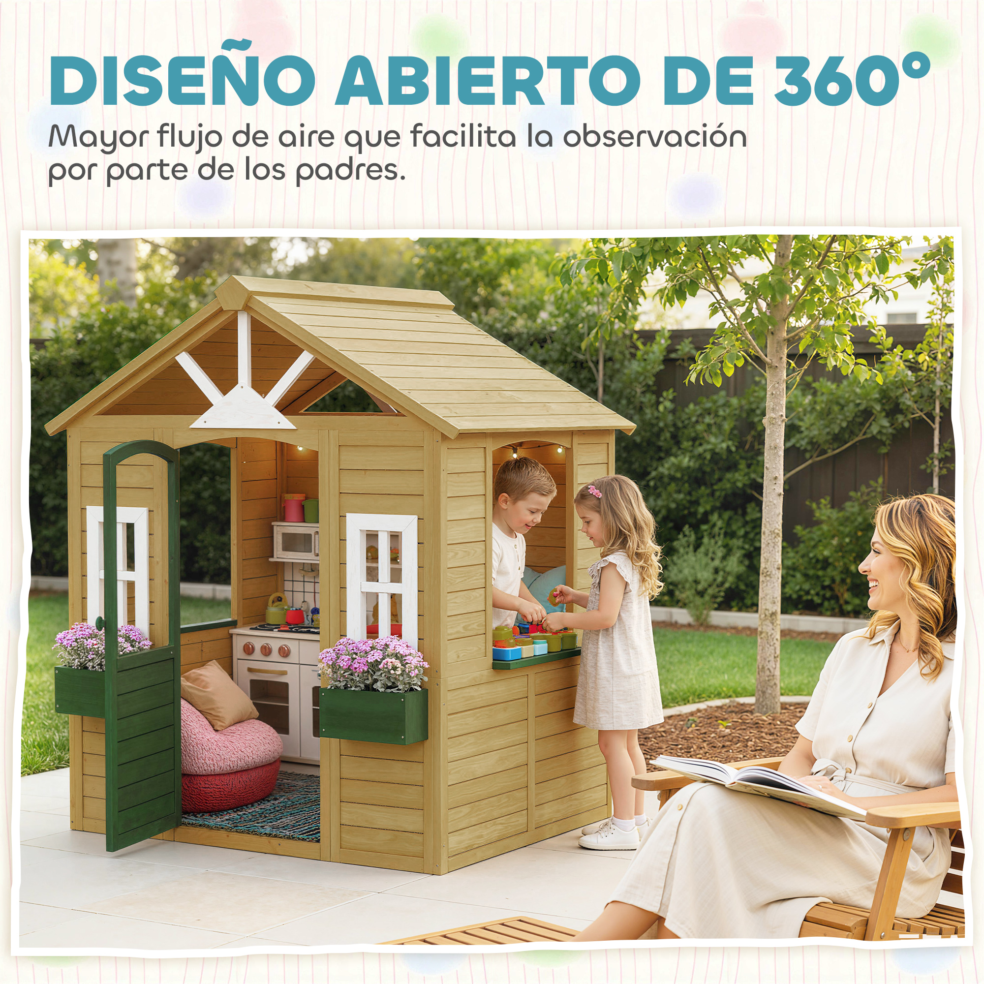 Niños juegan en una casa de madera mientras una mujer lee.