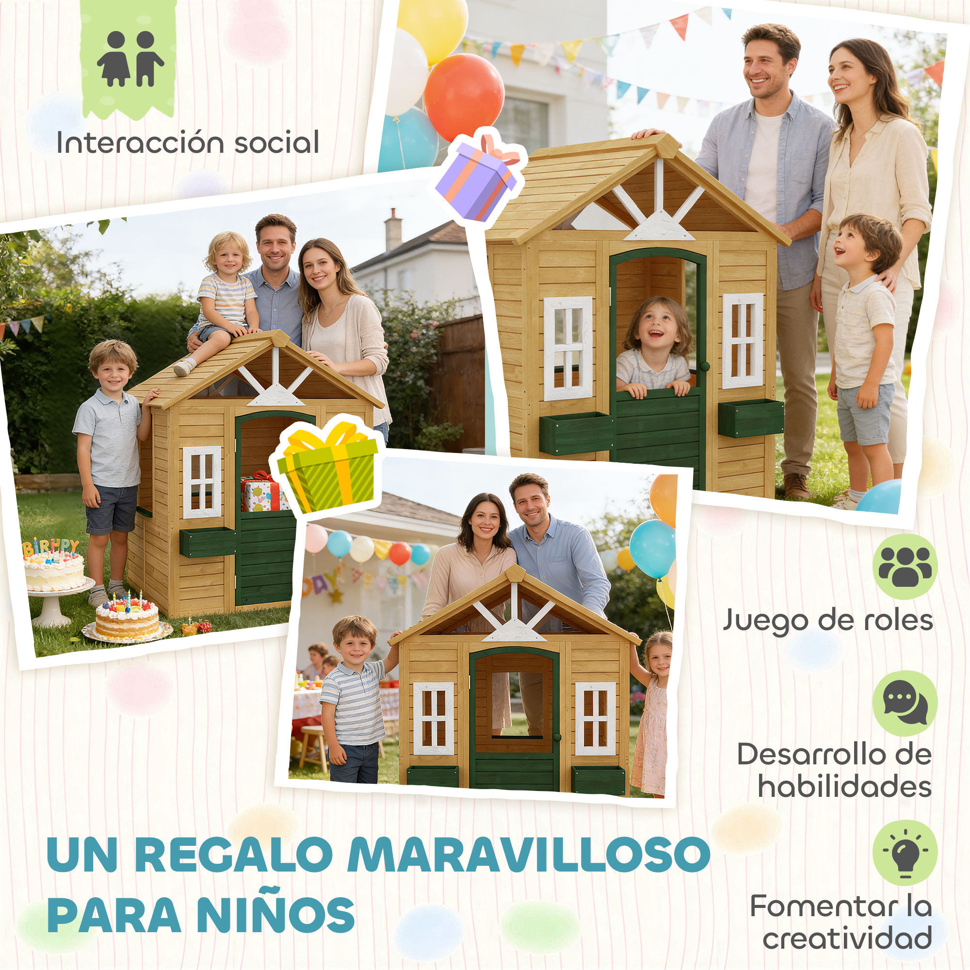 Familia frente a casita de juegos de madera, cumpleaños infantil, globos, regalos.