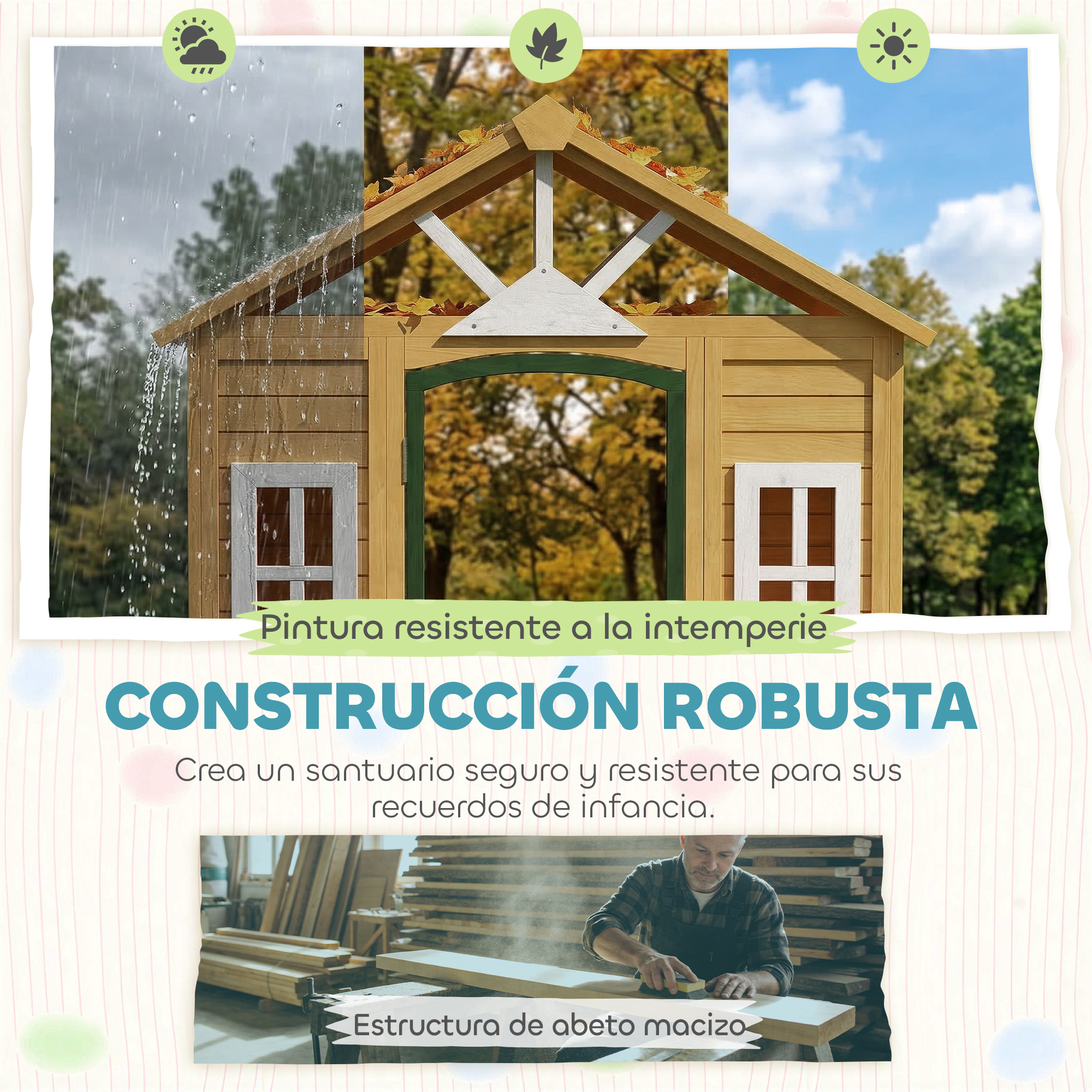 Una casa de madera en diferentes estaciones: lluvia, hojas y sol.