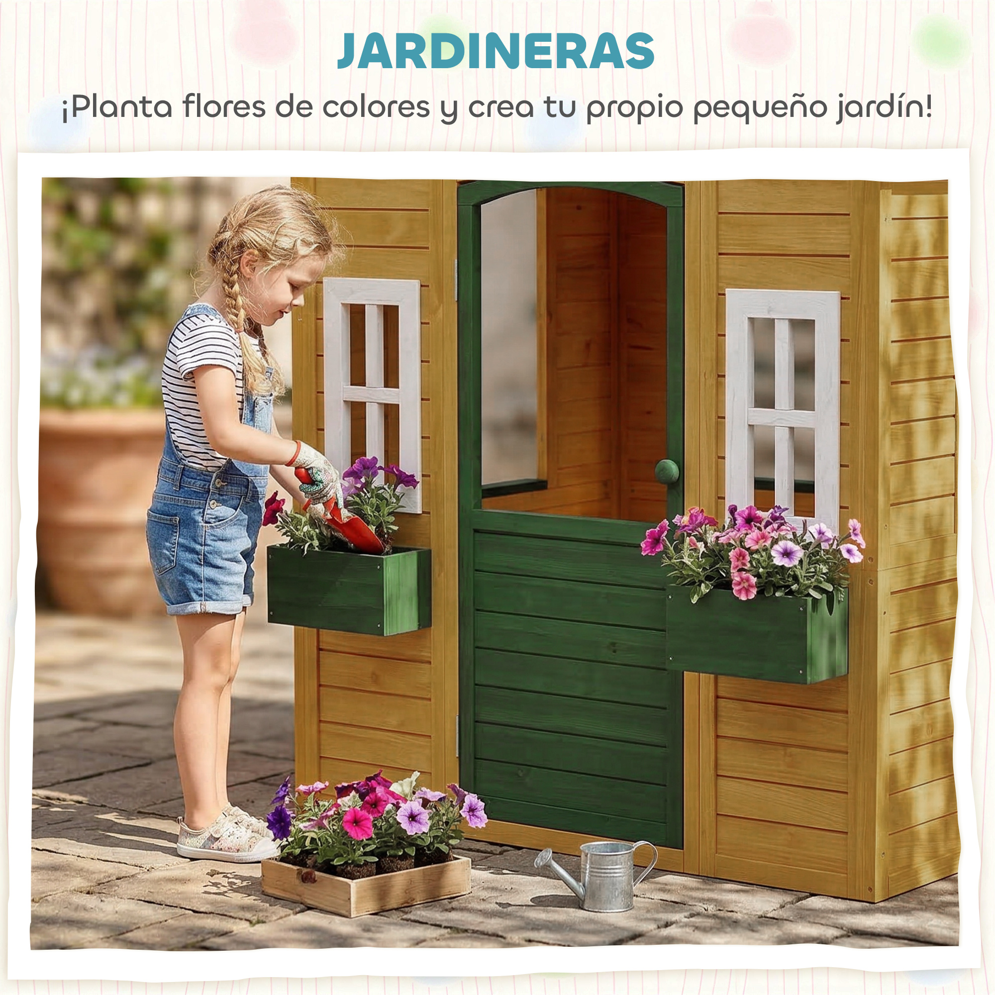 Una niña planta flores en una casita de juegos con puerta verde y jardineras.