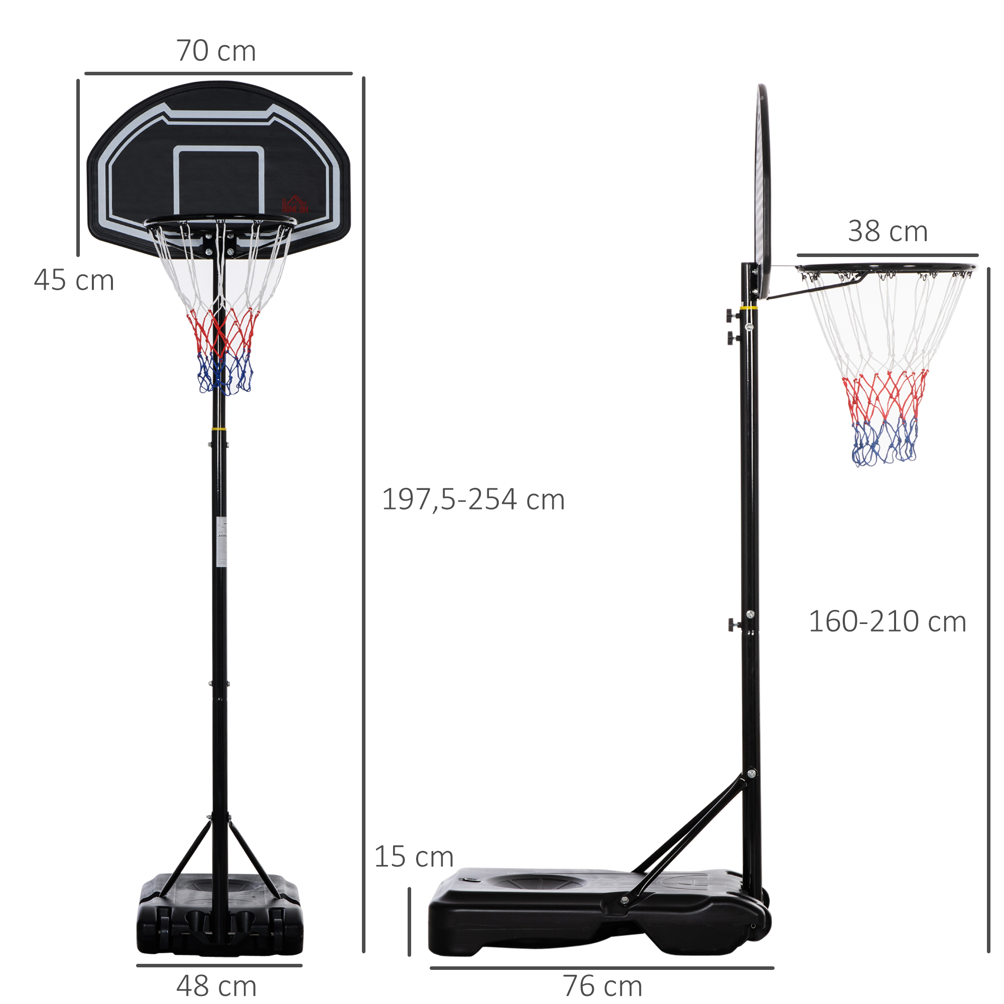 Una canasta de baloncesto con altura ajustable y un tablero negro.