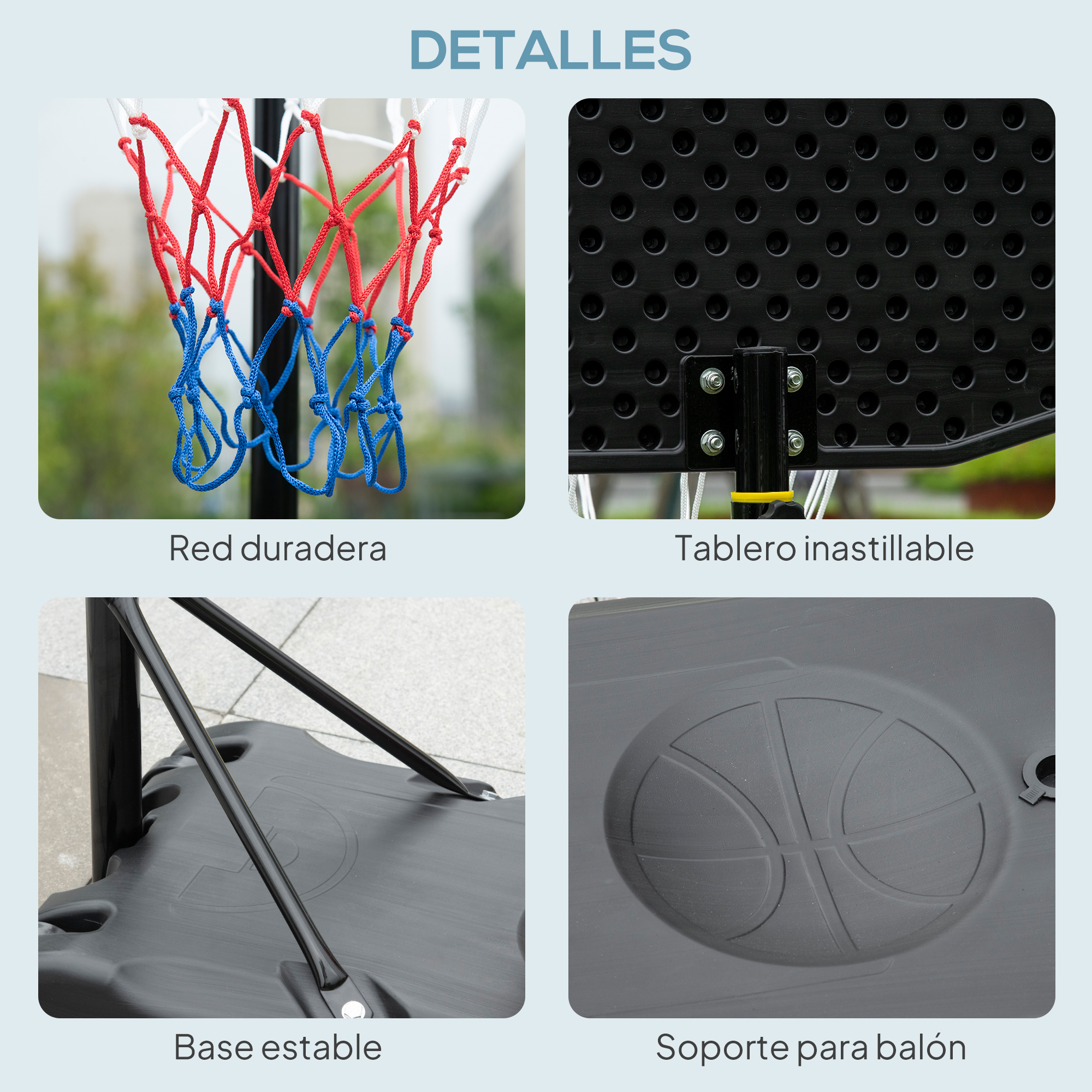Primer plano de un aro de baloncesto, tablero duradero, base estable y soporte para balón.