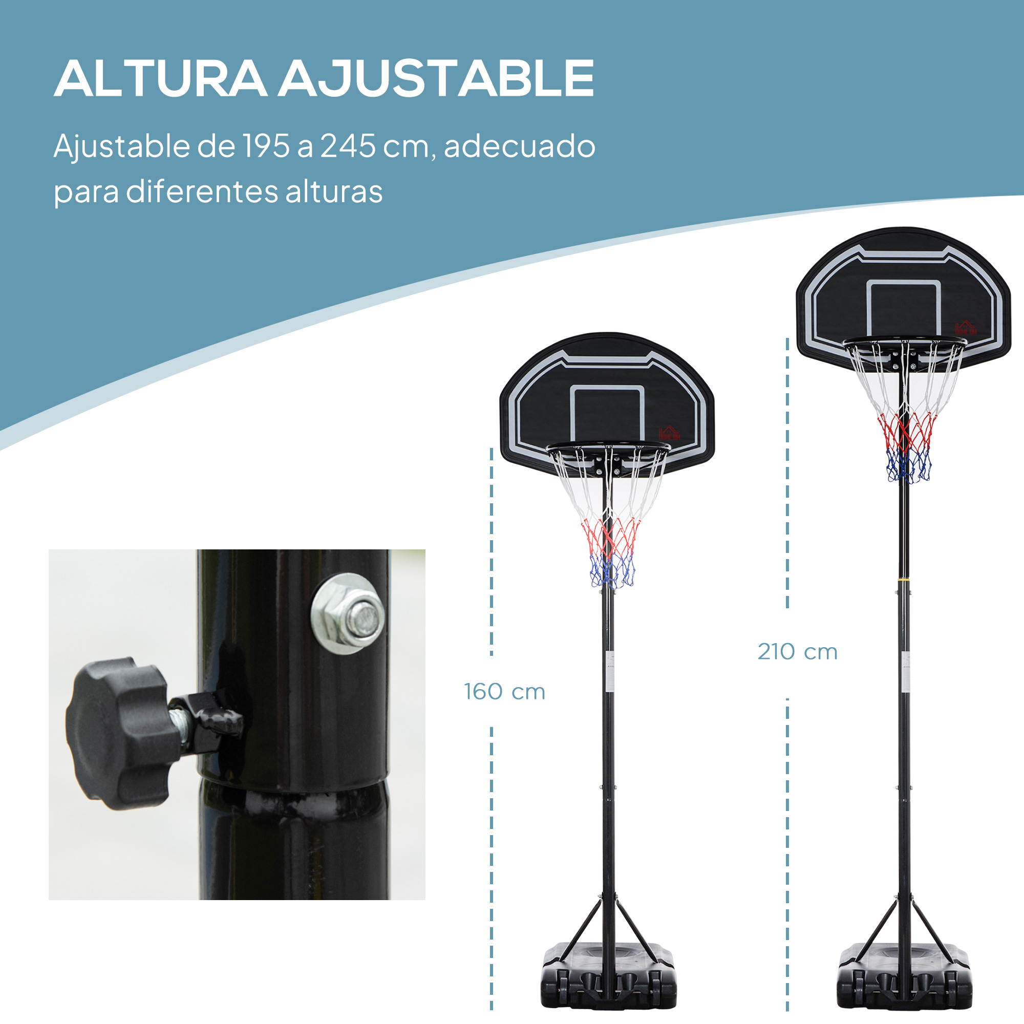 Aro de baloncesto ajustable con dos indicaciones de altura: 160 cm y 210 cm.