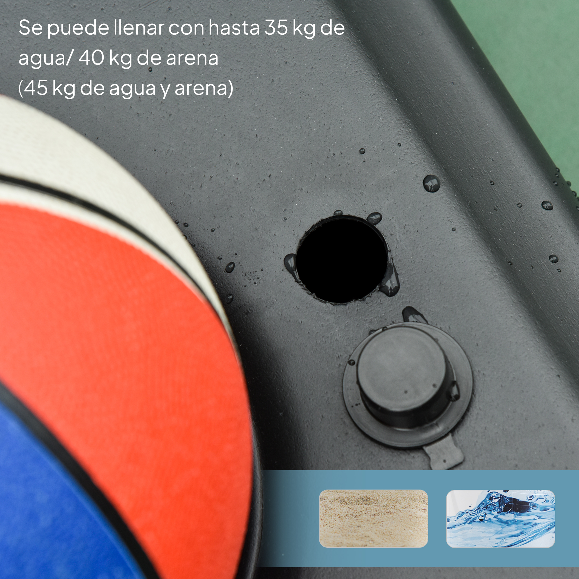 Parte de un baloncesto y una superficie negra con gotas de agua.