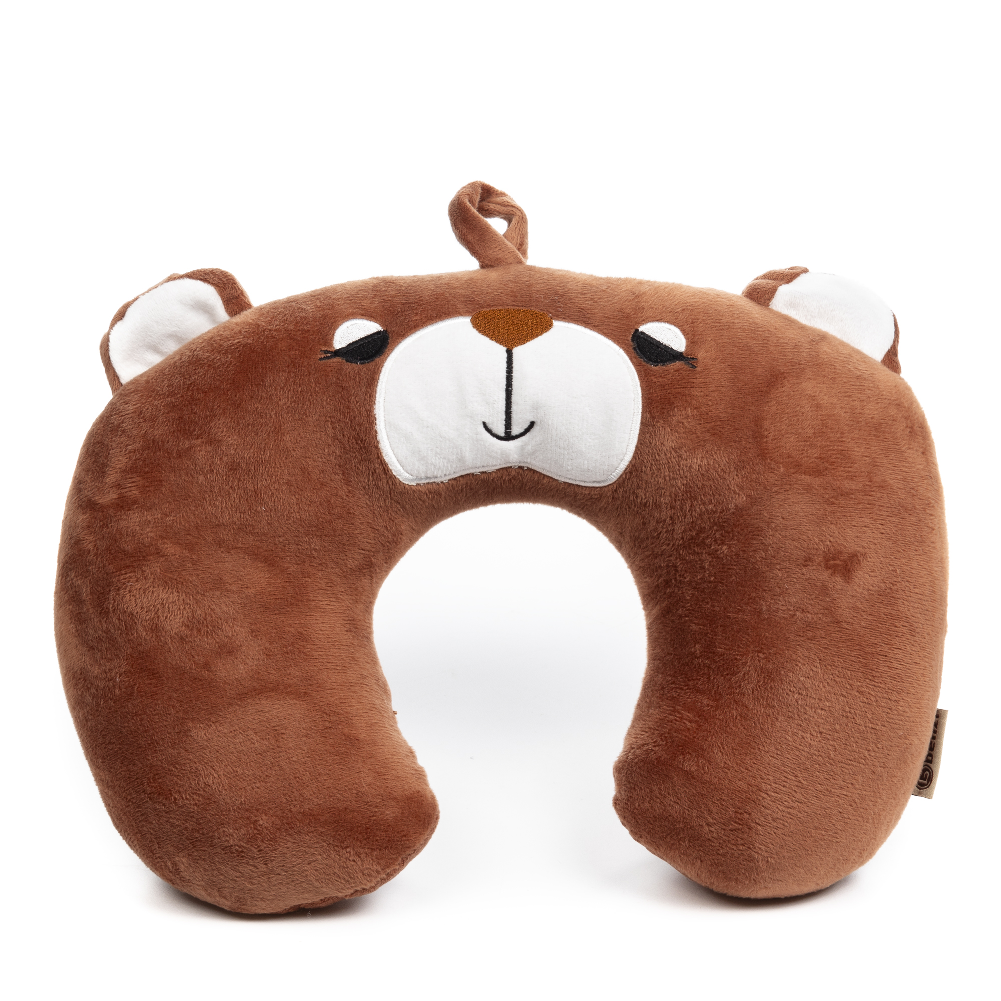 Un cuscino da viaggio marrone a forma di orsacchiotto con occhi e naso ricamati.