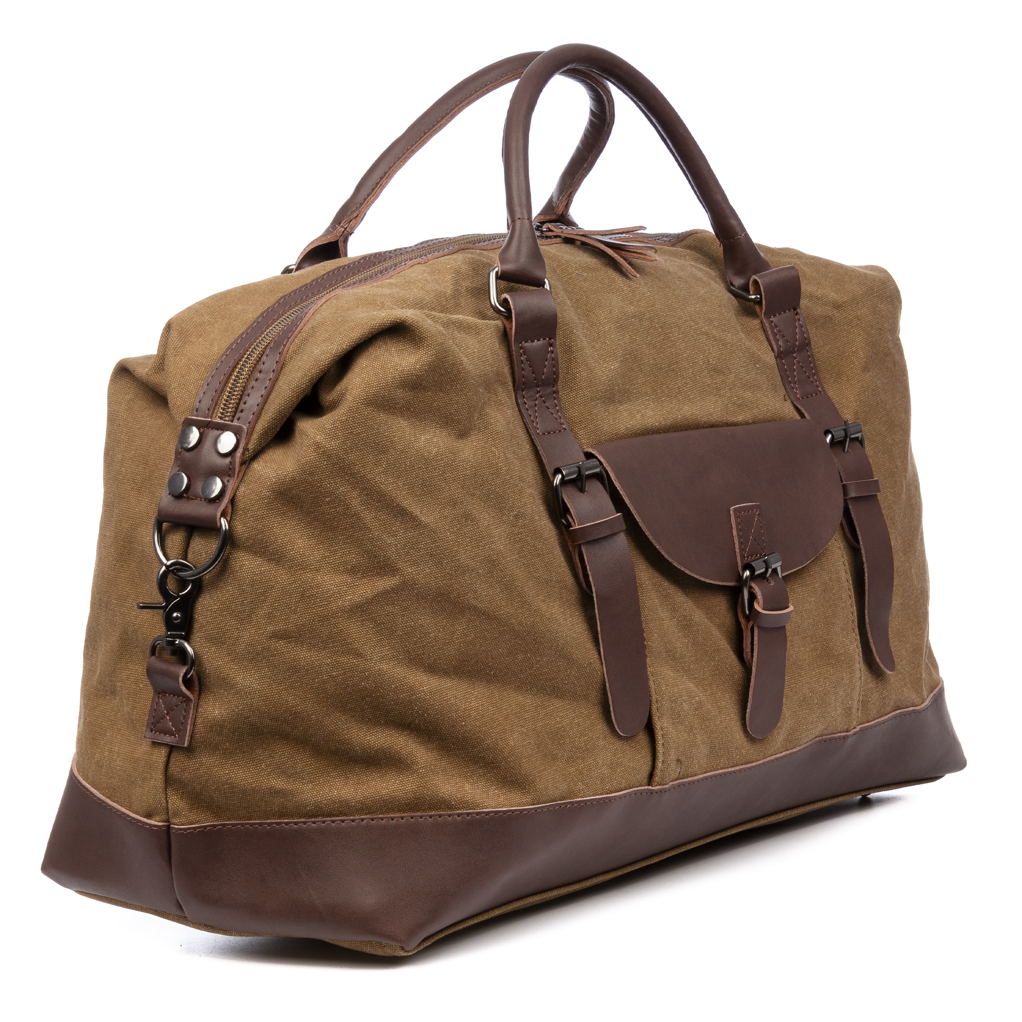 Una bolsa de lona marrón con detalles de cuero, con dos asas y una correa.