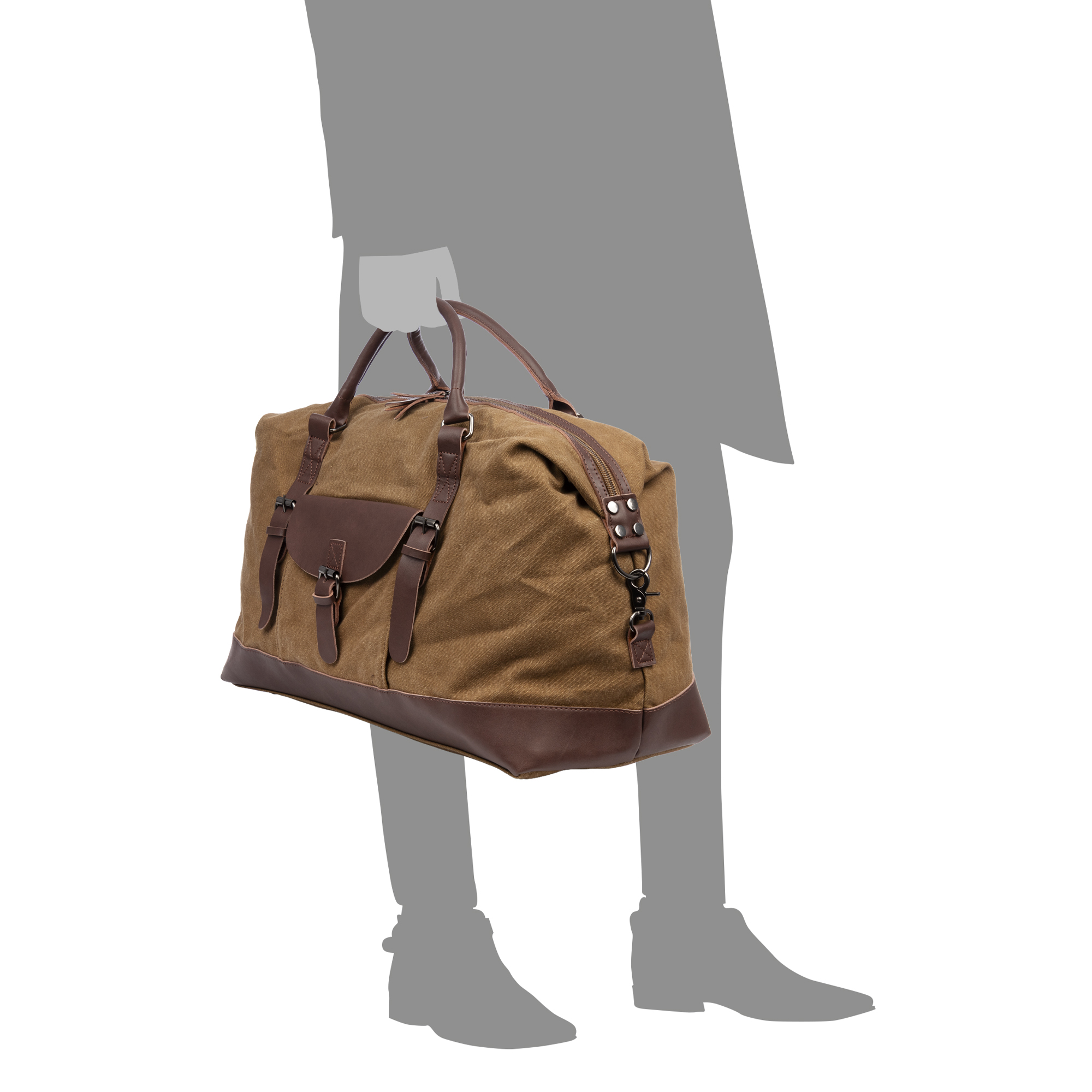 Bolso de lona marrón con detalles de cuero, sostenido por una silueta gris.