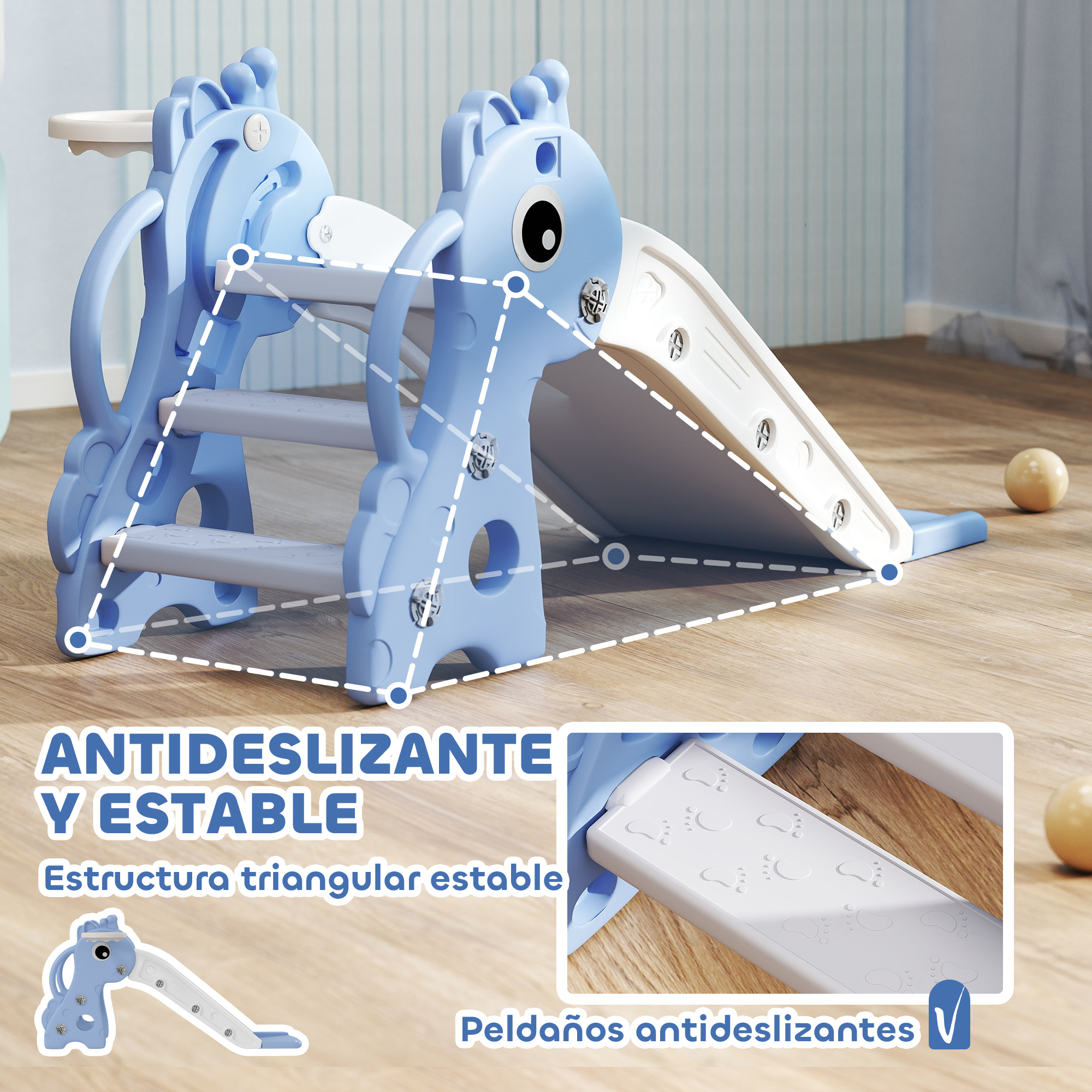 Un tobogán infantil azul claro con elementos temáticos de elefante y dinosaurio.