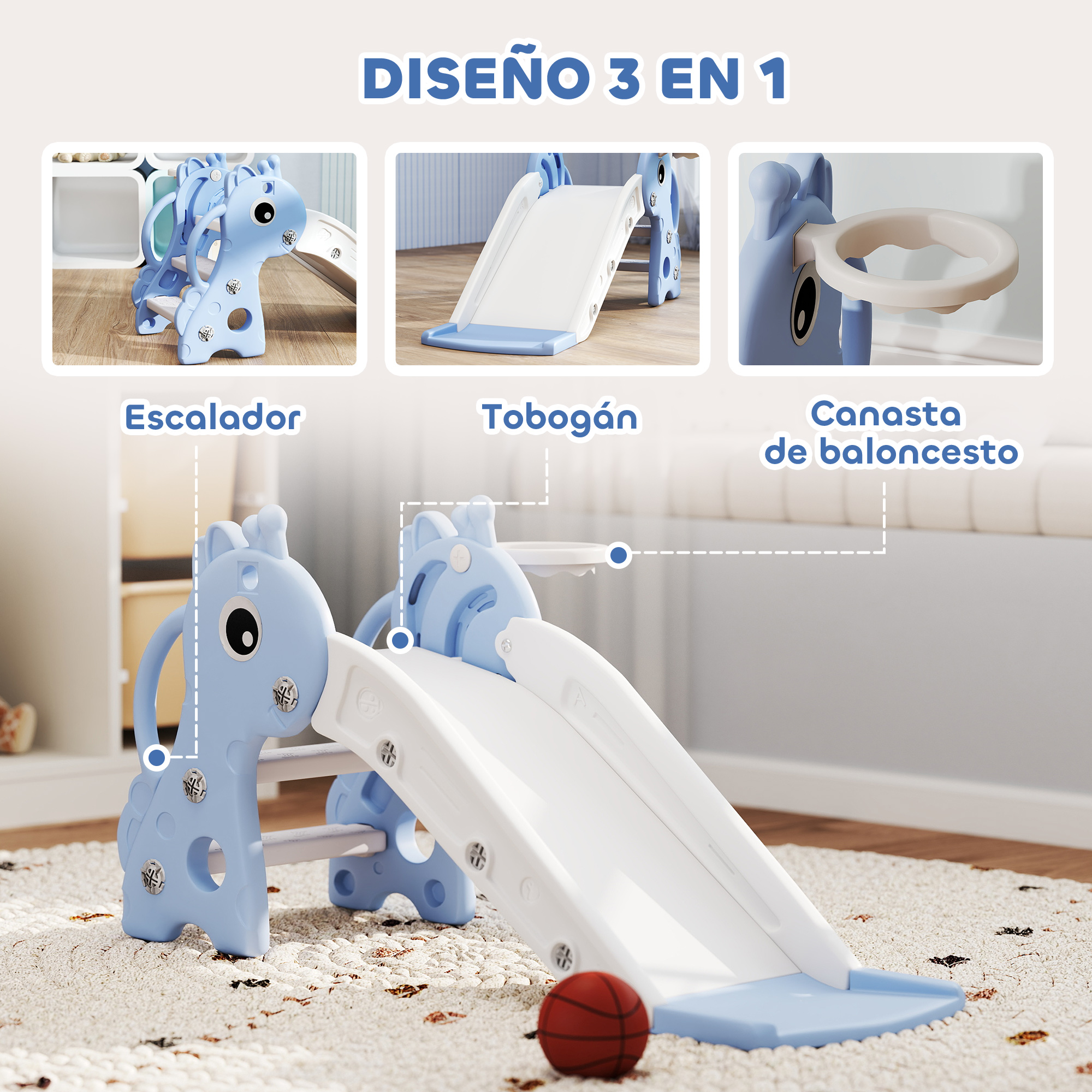 Juguete de tobogán azul con forma de elefante, con escalones y aro.