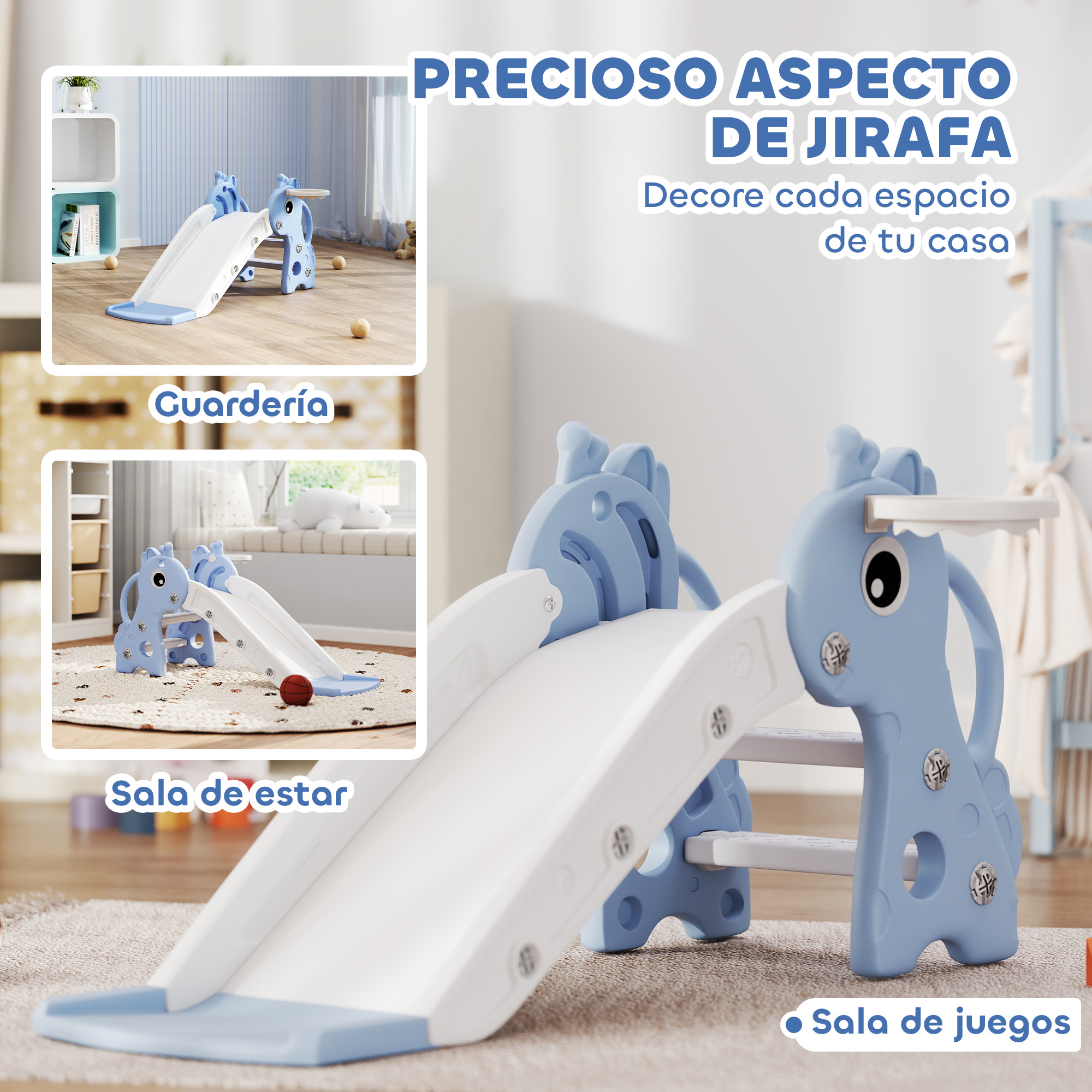 Un tobogán infantil azul y blanco con temática de jirafa.