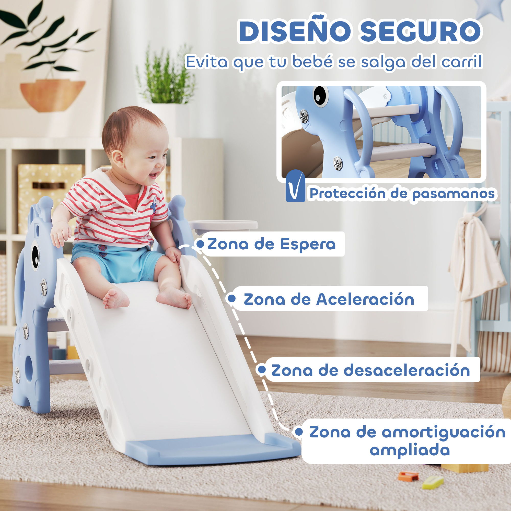 Un bebé se sienta en un columpio azul con un tobogán blanco.