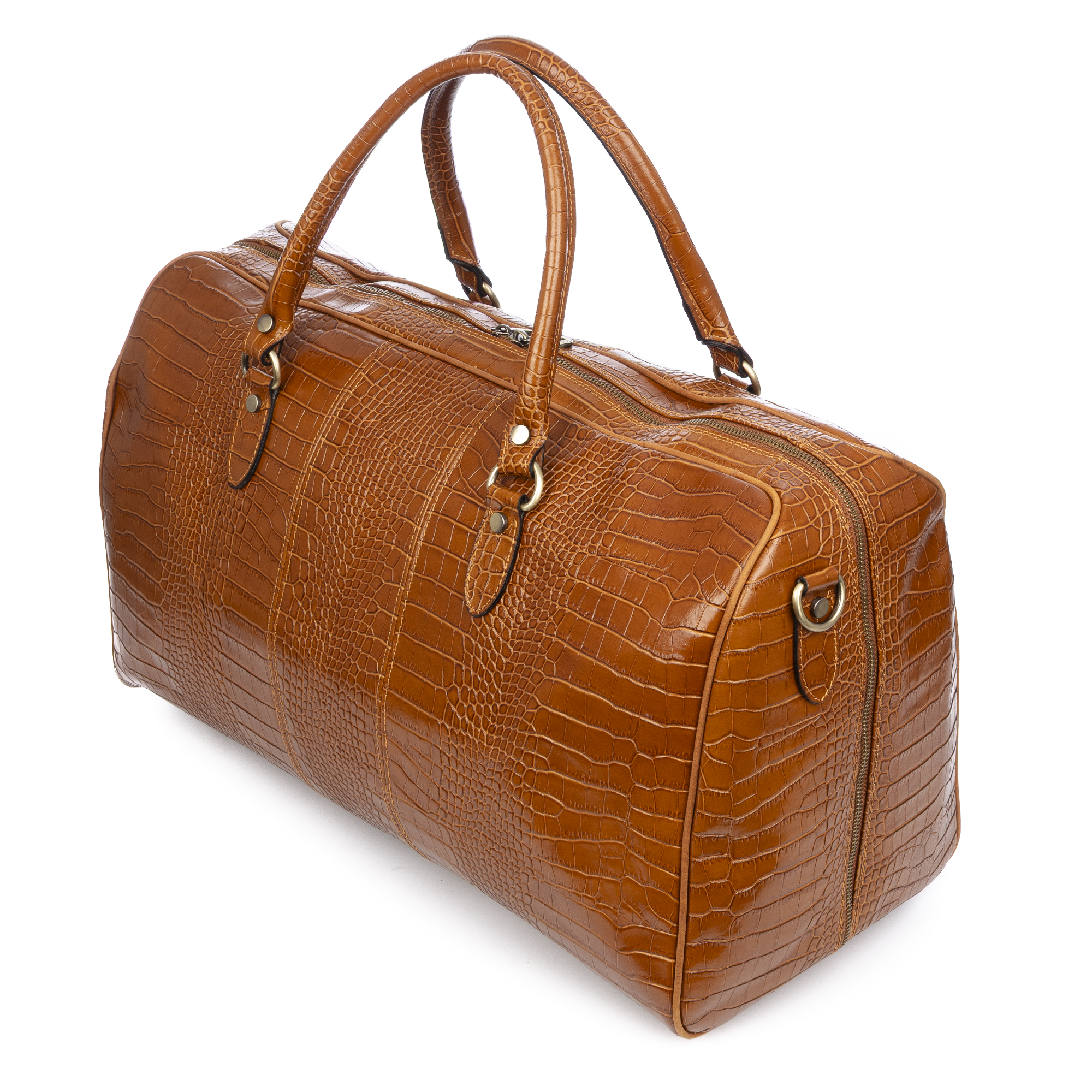 Una borsa da viaggio in pelle marrone effetto coccodrillo con due manici e zip.