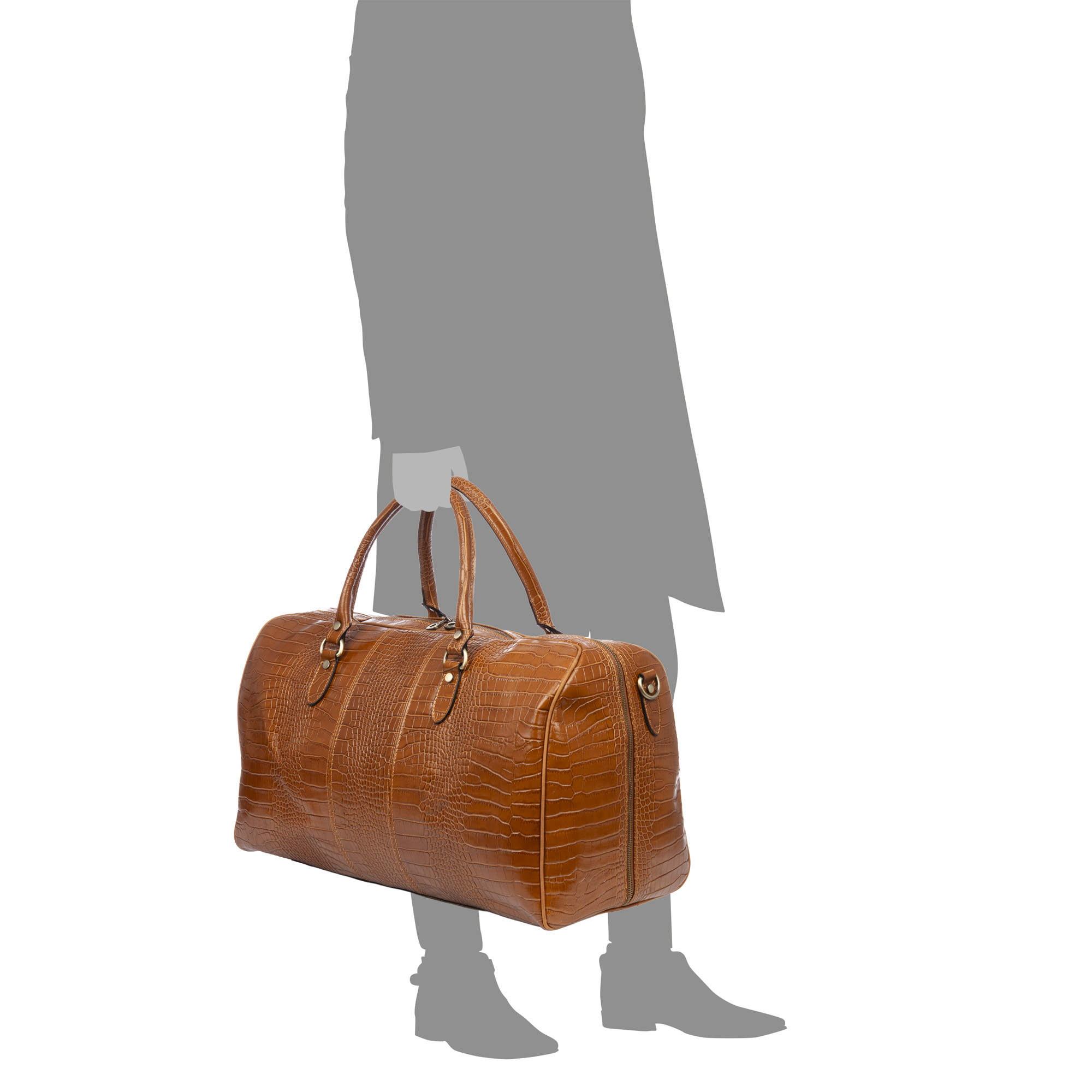 Una borsa da viaggio marrone effetto coccodrillo con manici, tenuta da una silhouette grigia.