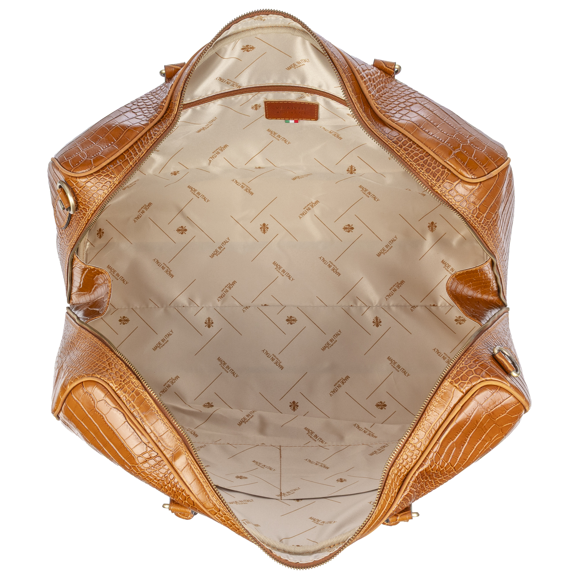 Una borsa aperta in pelle marrone effetto coccodrillo, interno beige.