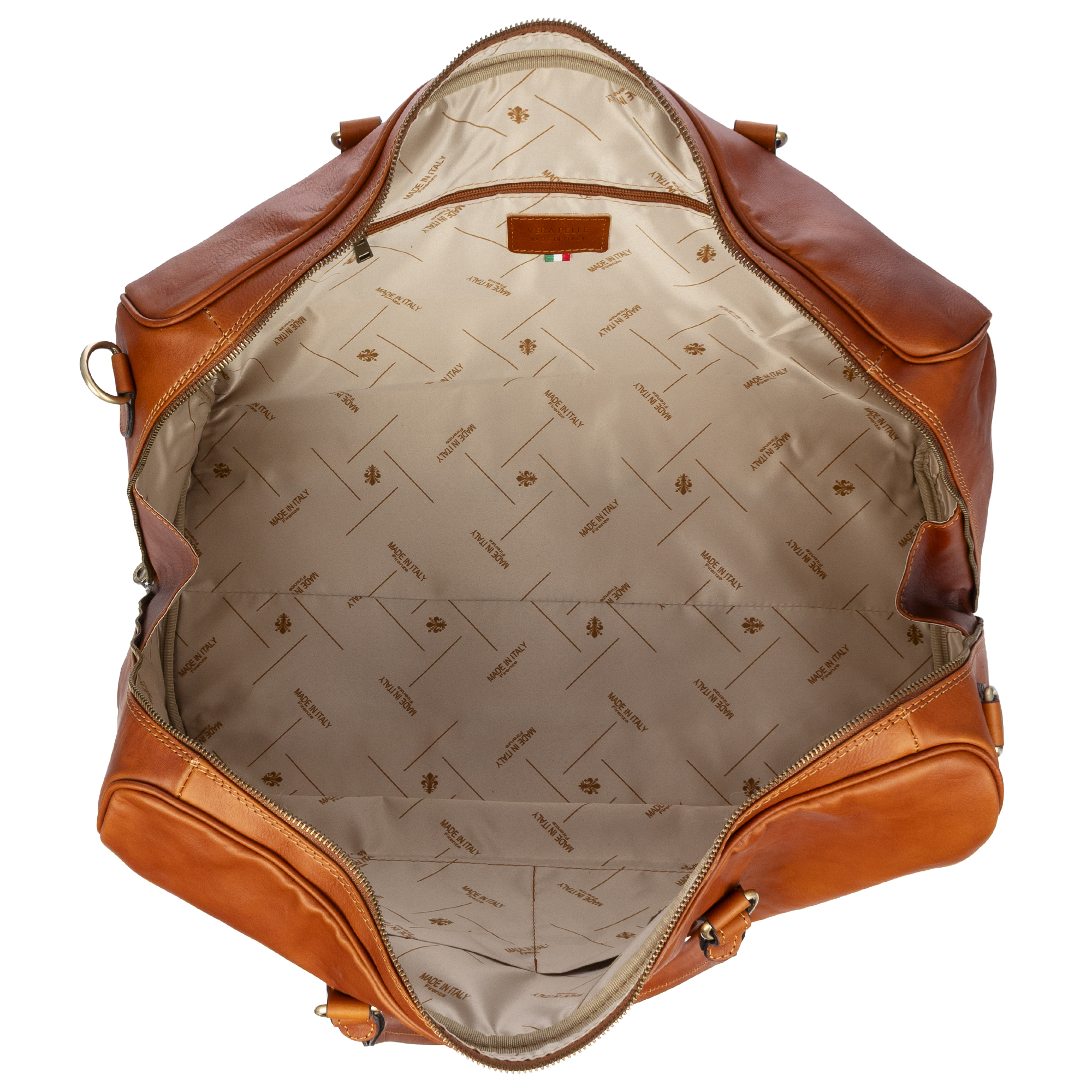 Borsa aperta in pelle marrone con fodera beige, stampata 'Made in Italy'.