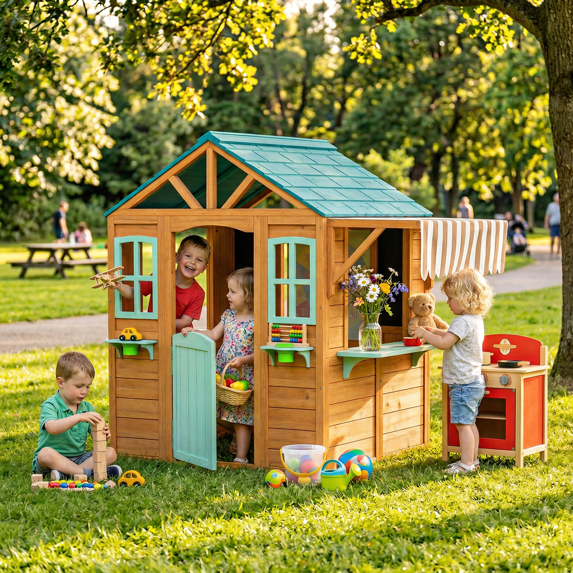 Cuatro niños juegan al aire libre con una casita de juegos de madera y cocina de juguete.