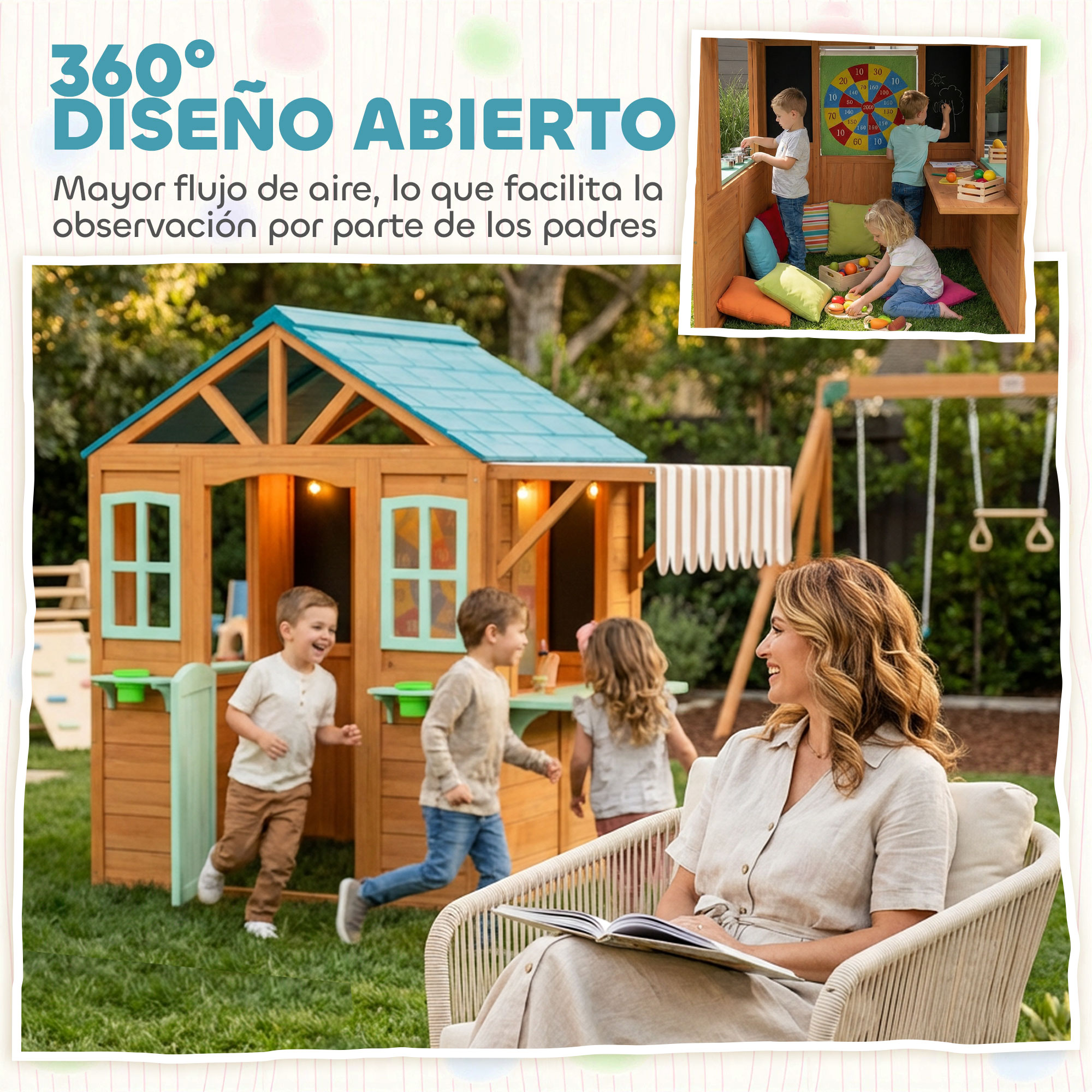 Niños juegan en casa de madera con columpio en patio, mujer lee.
