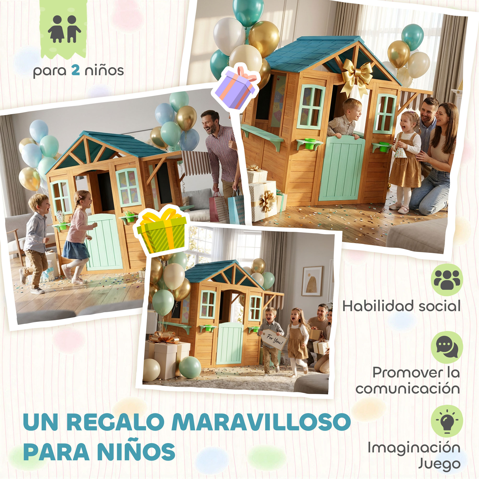 Casa de madera con globos y familia. Texto: Un regalo maravilloso para niños.