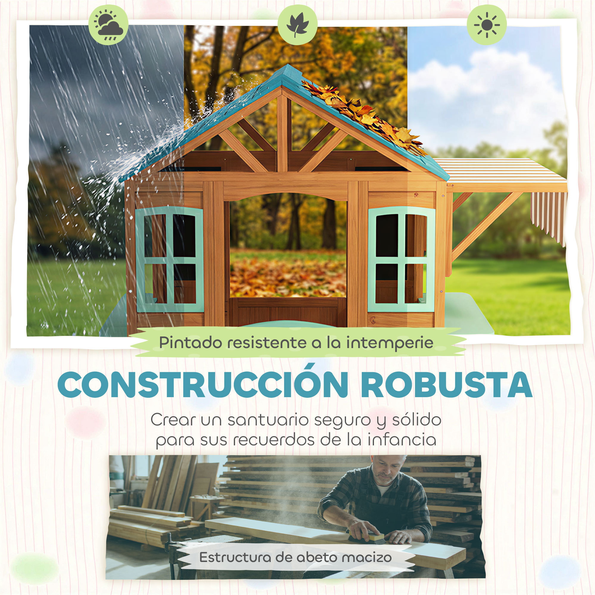 Casa de madera bajo lluvia, hojas de otoño, sol. Construcción robusta, hombre trabajando madera.